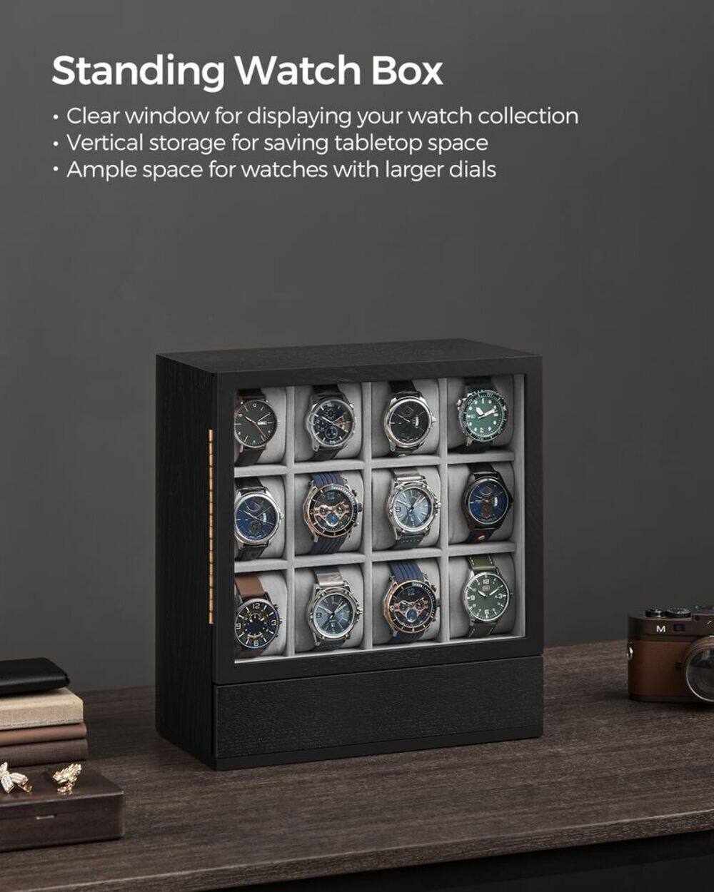 Standing Watch Box

- Clear window for displaying your watch collection
- Vertical storage for saving tabletop space
- Ample space for watches with larger dials