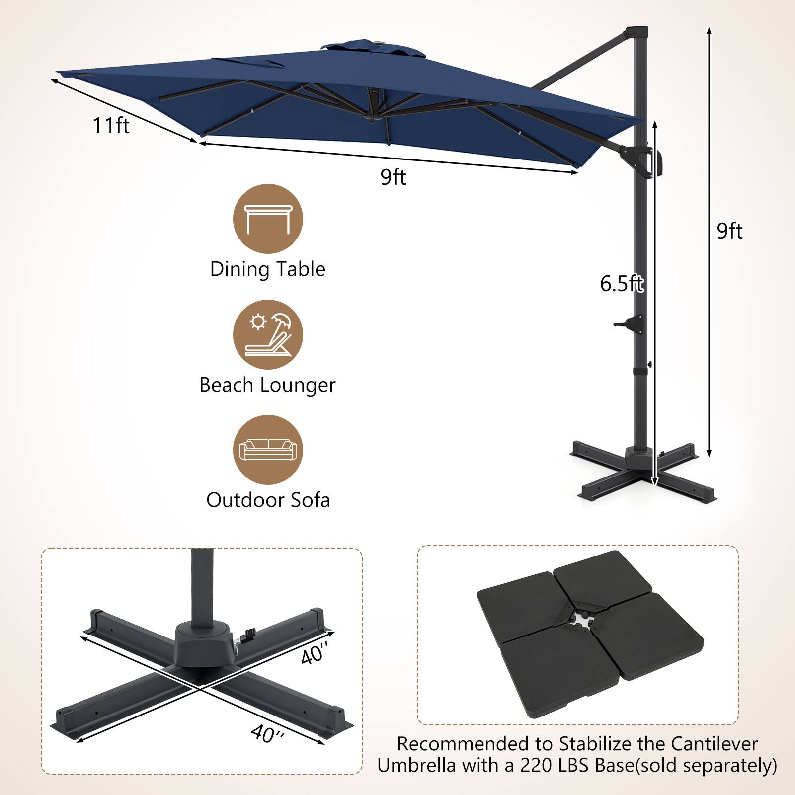 11ft 9ft 9ft Dining Table 6.5ft Beach Lounger Outdoor Sofa 40" 40" Recommended to Stabilize the Cantilever Umbrella with a 220 LBS Base(sold separately)