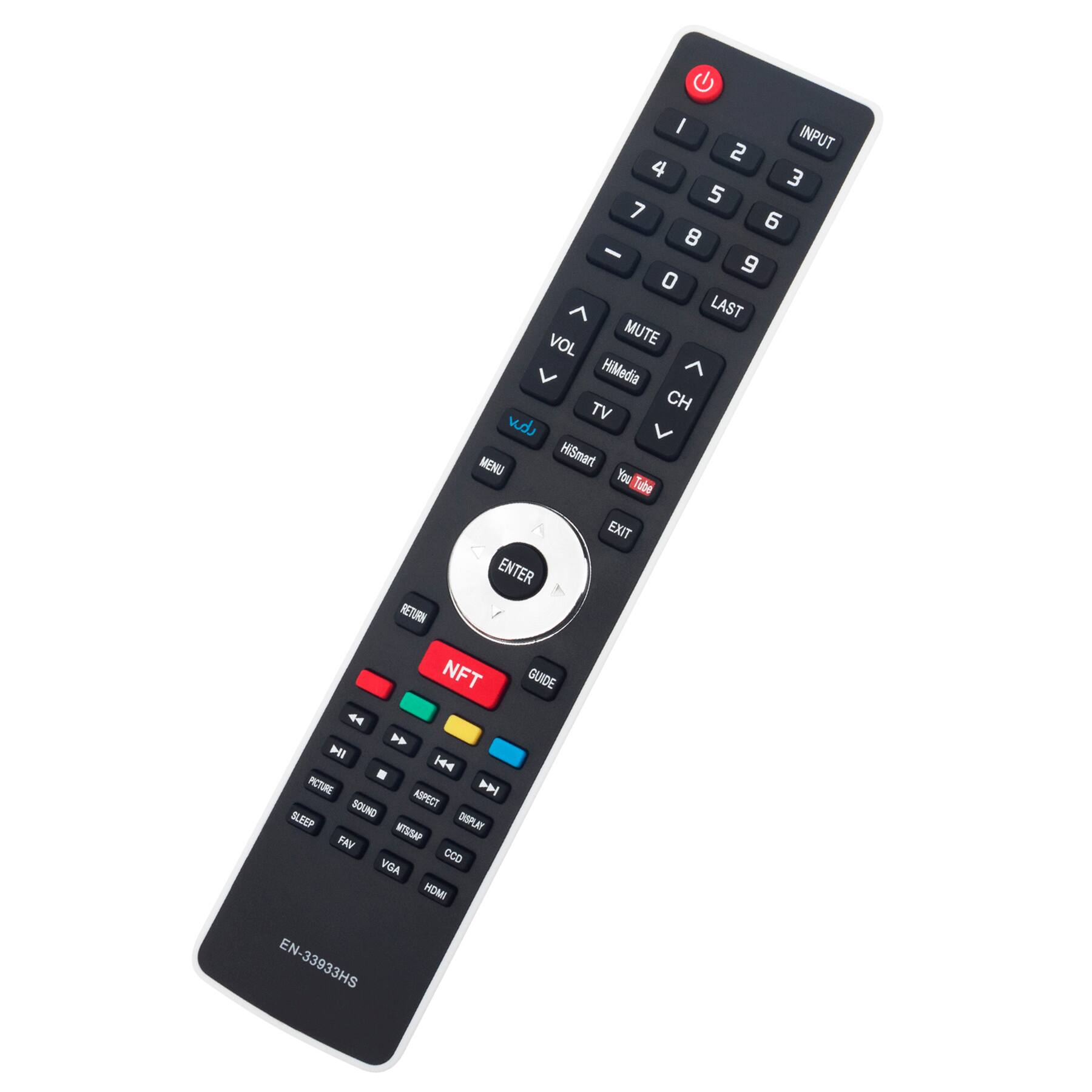 Sure, here is the corrected and grouped text from the image:

**Top Section:**
- INPUT
- 1 2 3 4 5 6 7 8 9 0
- LAST
- VOL
- MUTE
- HiMedia
- TV CH
- HSmart
- YouTube

**Middle Section:**
- MENU
- RETURN
- ENTER
- EXIT
- NFT
- GUIDE

**Bottom Section:**
- PICTURE
- SOUND
- ASPECT
- SLEEP
- DISPLAY
- FAV
- NITSSAP
- CCD
- VGA
- HOMI
- EN-3393HS

**Additional:**
- HiMedia
- TV
- HSmart
- YouTube