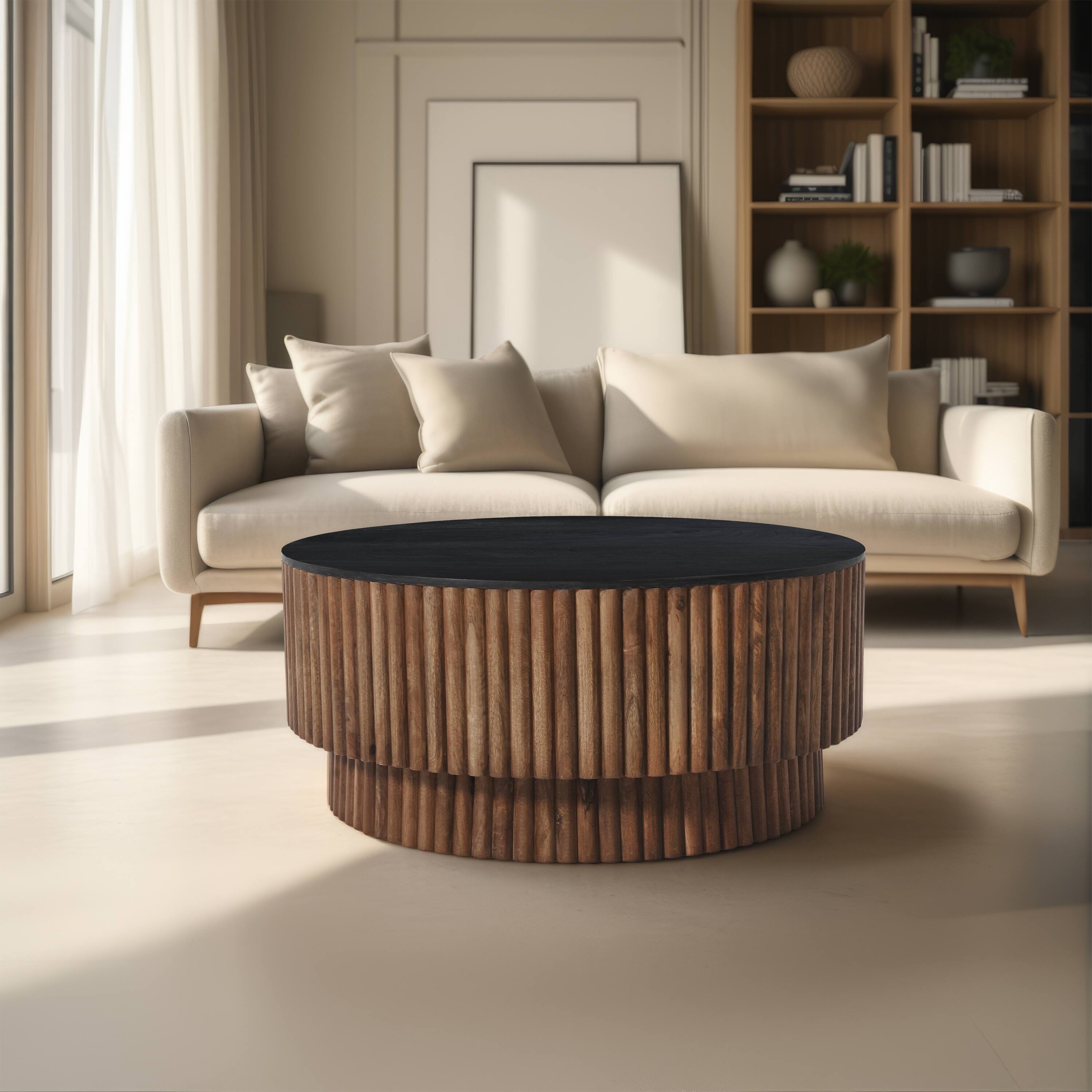 Alt View 6. Manhattan Lane - Montoya Coffee Table | 34" Round Black Top | Mango Wood Fluted Plinth Base - Black, Brown.