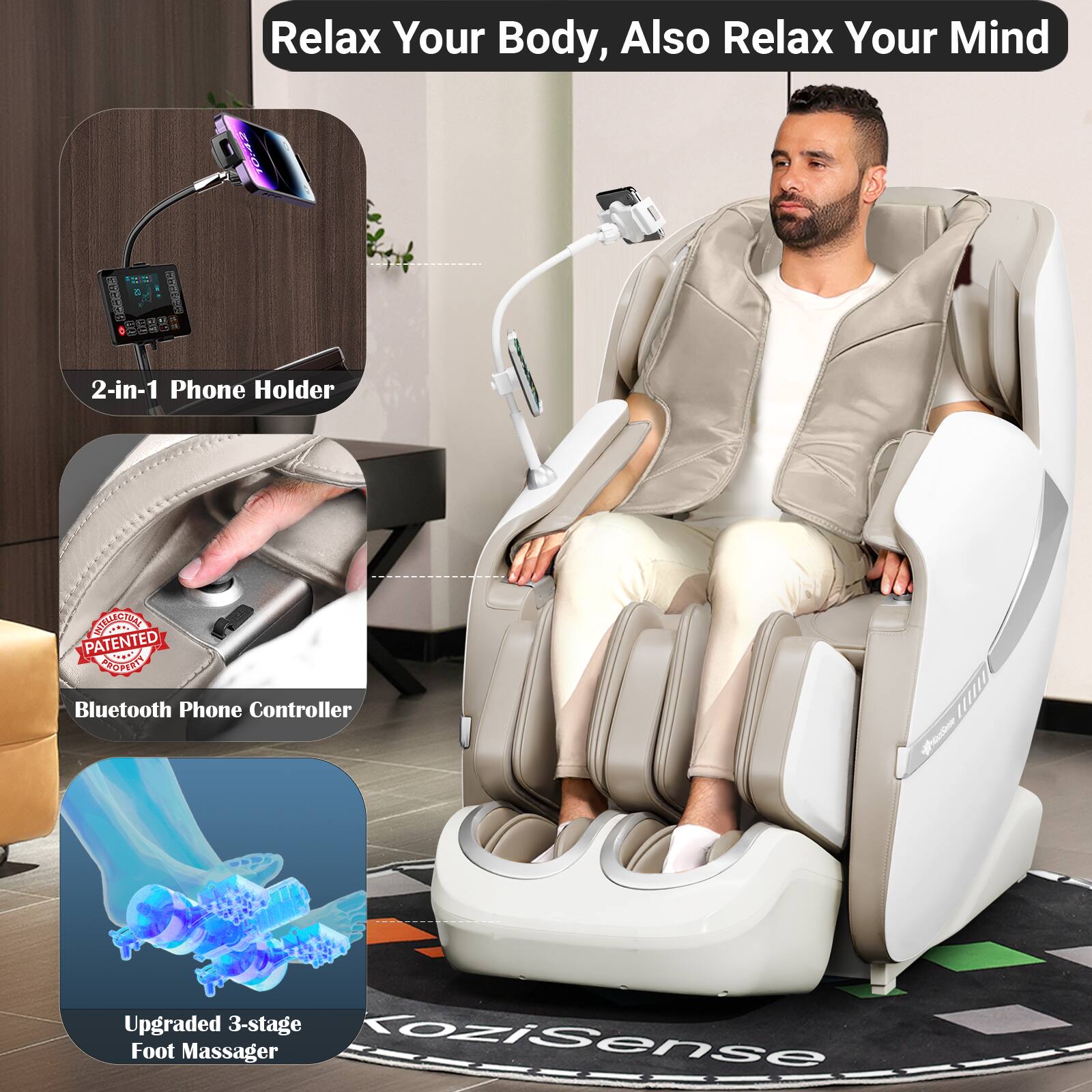 Relax Your Body, Also Relax Your Mind

- 2-in-1 Phone Holder
- Bluetooth Phone Controller
- Upgraded 3-stage Foot Massager
