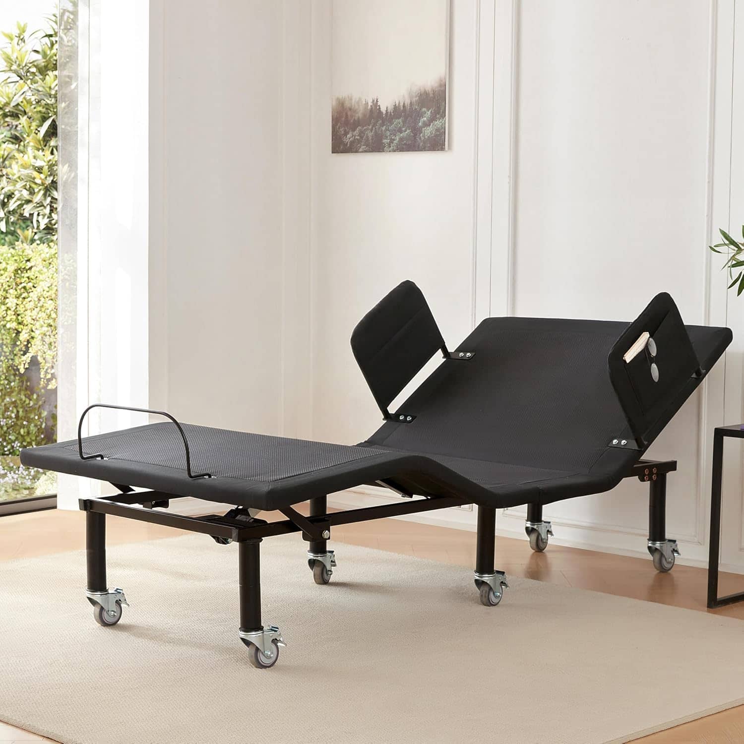 Front. Renanim - Twin XL Adjustable Bed Frame with Bed Rails for Adults, Wireless Remote, Under-Bed Light, USB Ports, Brake Wheel Legs - Black.