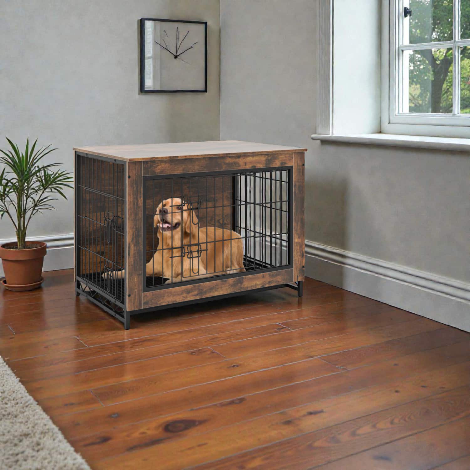 Hivvago - Pull-Out Tray Dog Crate Featuring Dual Lockable Doors - Medium