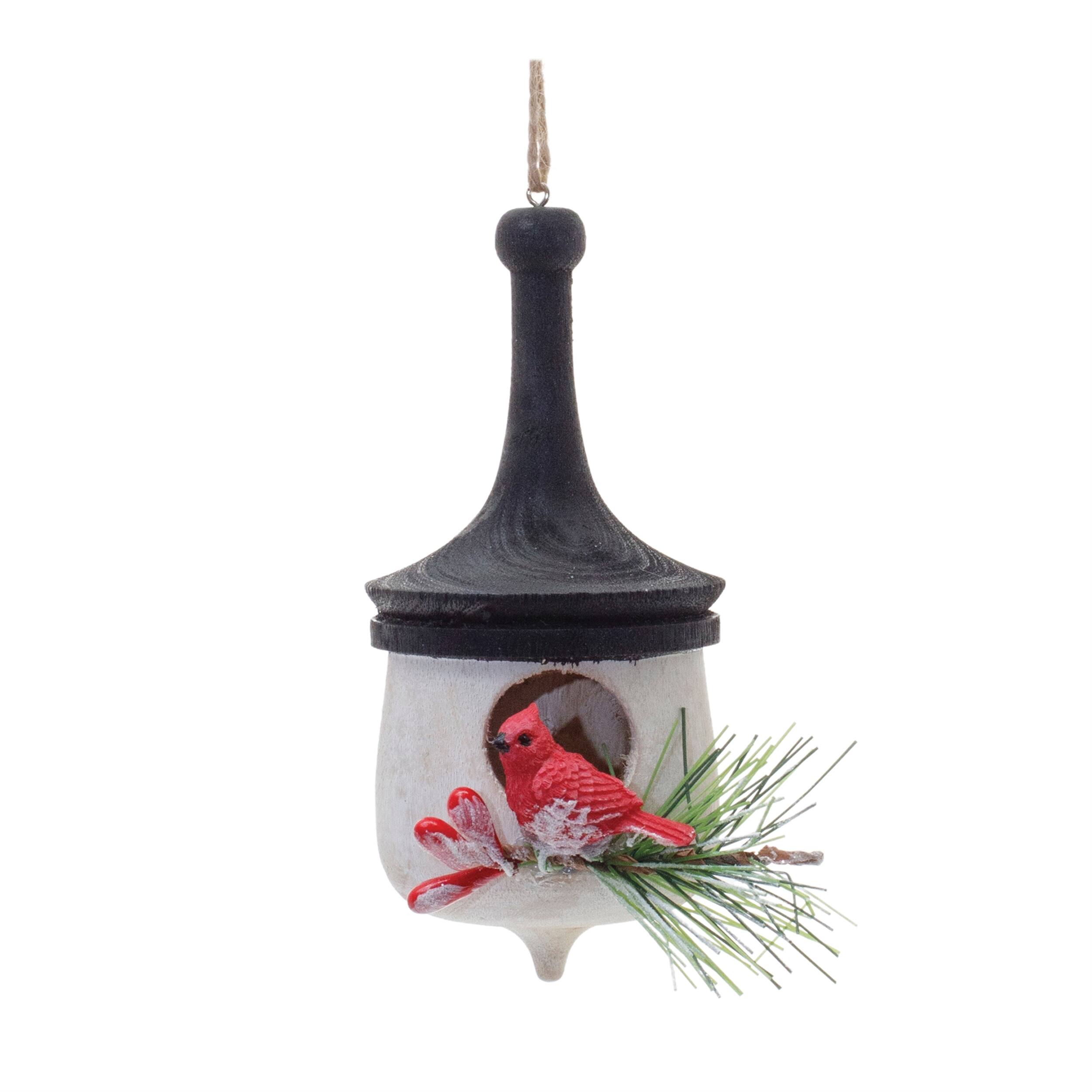 Back. BreeBe - Wood Finial Birdhouse with Cardinal Ornament (Set of 6) - White, Red, Black.
