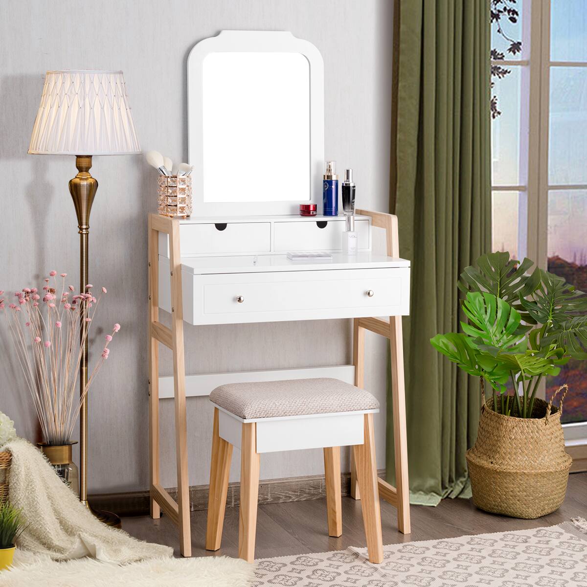 Alt View 2. Costway - Costway Makeup Vanity Table Dressing table Cushioned Stool Set - White,Natural.