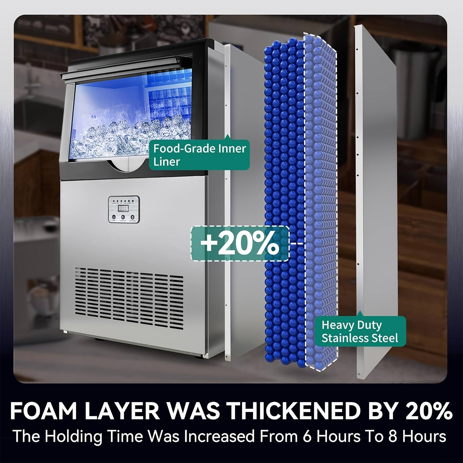 Food-Grade Inner Liner

+20%

Heavy Duty Stainless Steel

FOAM LAYER WAS THICKENED BY 20%

The Holding Time Was Increased From 6 Hours To 8 Hours