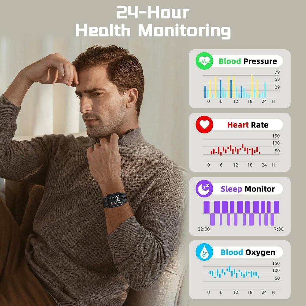 24-Hour Health Monitoring

- Blood Pressure
  - 79
  - 59
  - 29

- Heart Rate
  - 150
  - 100
  - 50

- Sleep Monitor
  - 22:00
  - 7:30

- Blood Oxygen
  - 150
  - 100
  - 50