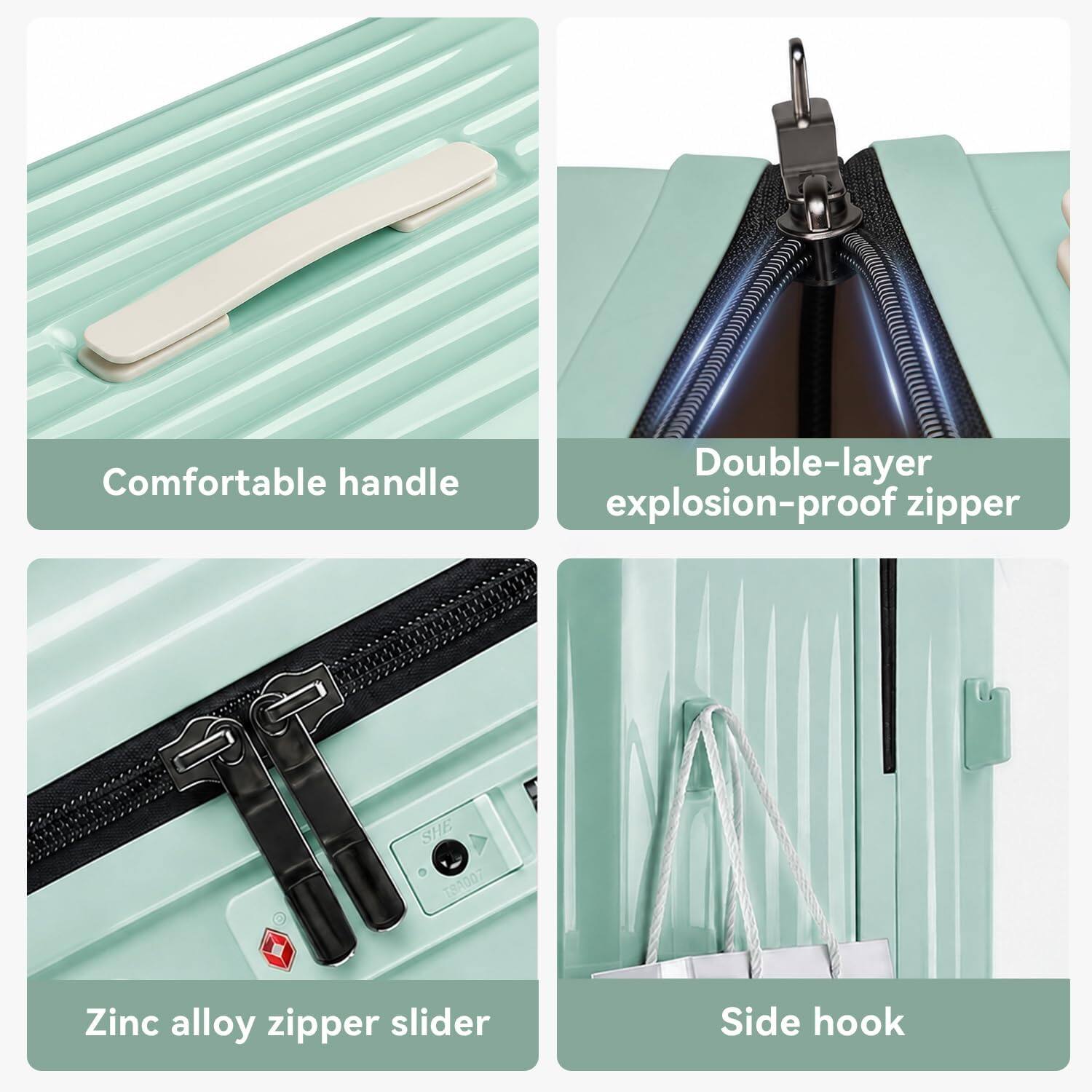 Comfortable handle  
Double-layer explosion-proof zipper  
Zinc alloy zipper slider  
Side hook