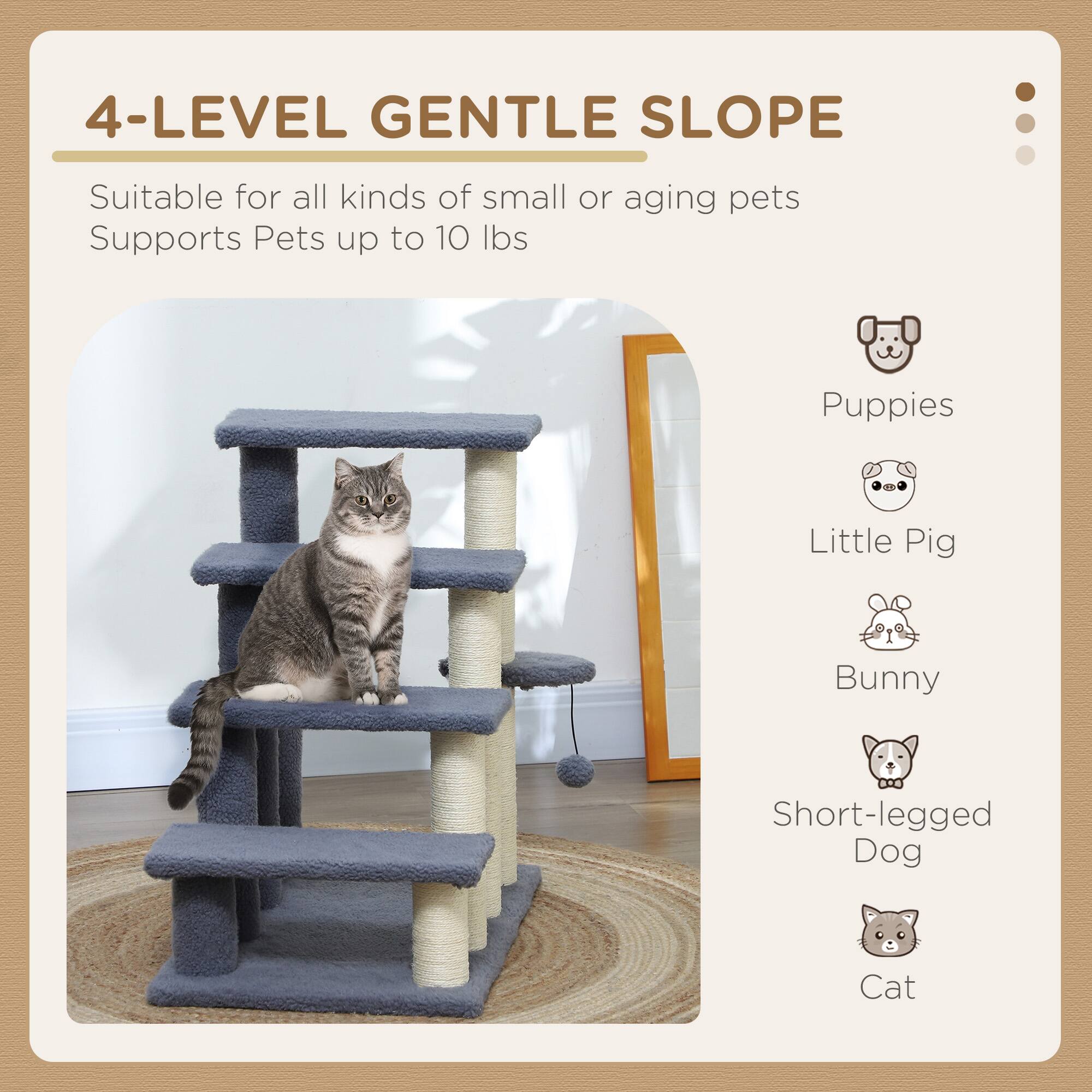 Back. Pawhut - 4 Levels Cat Steps, Carpeted Pet Stairs Ladder, Kitten Tree Climber with Scratching Posts, Hanging Play Ball, Side Step - Gray.