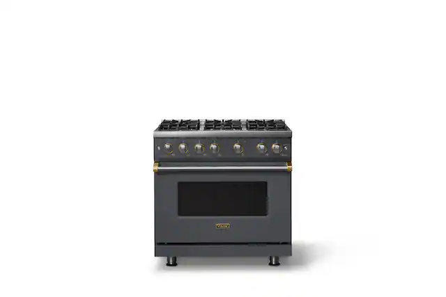Front. Viking - 36 in. Wide 6 Burner Pro 5 Series 5.1 Cu. Ft. Freestanding Sealed Burner Gas Convection Rangewith Brushed Brass Trim - Cast Black.