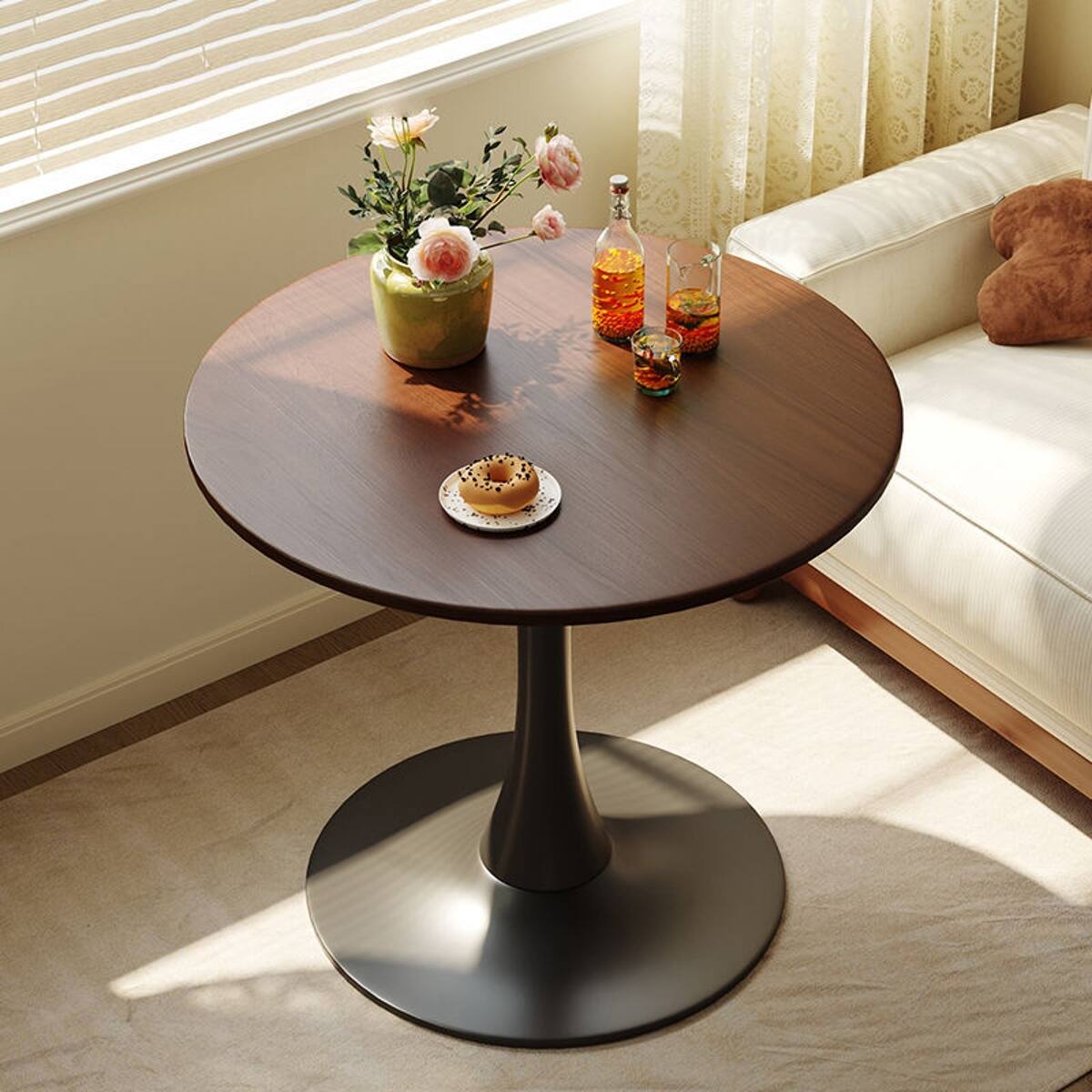 Alt View 8. Loheer - Loheer Walnut Round Dining Table, Mid-Century Modern 24 Inch MDF Top with Metal Pedestal - Walnut.