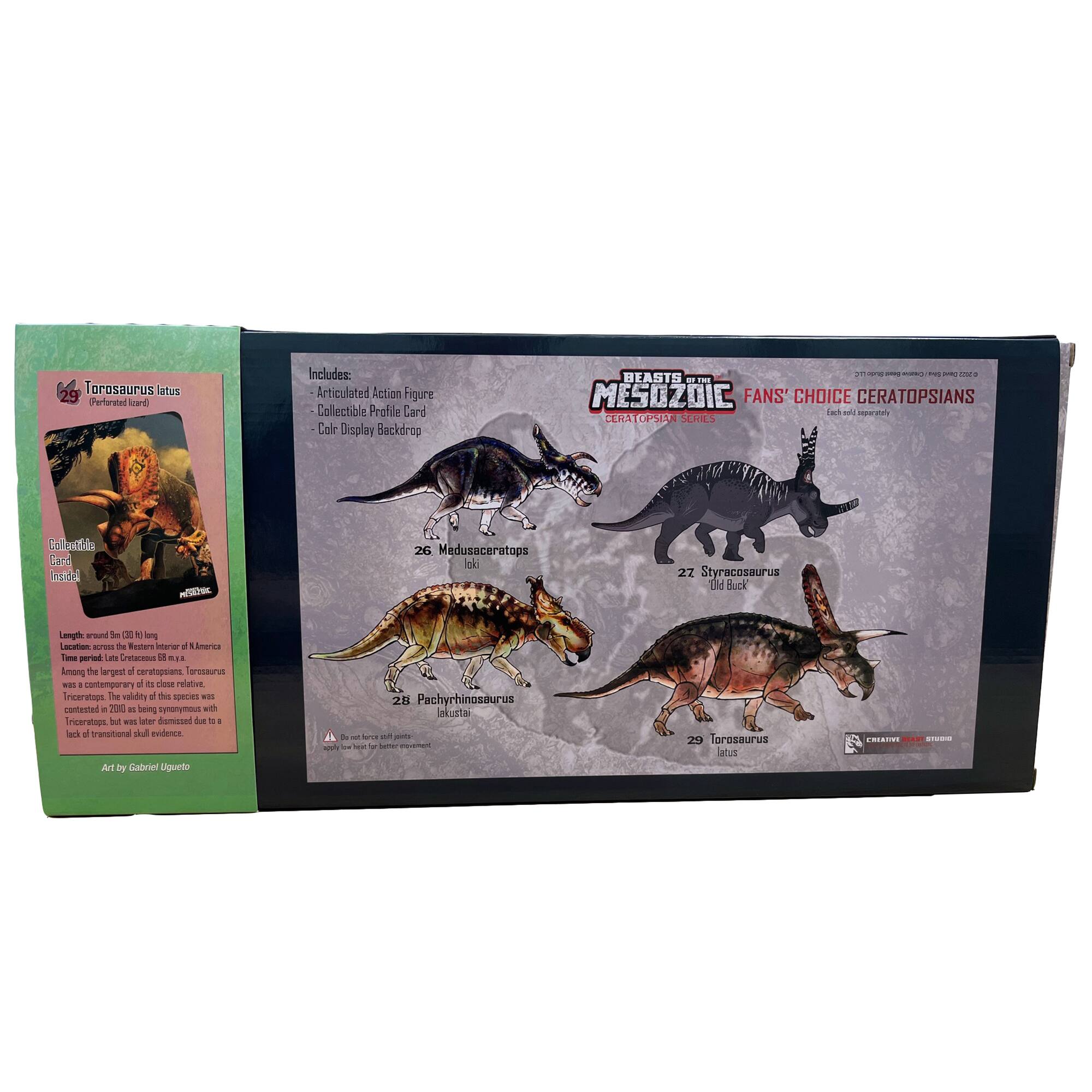 Torosaurus latus 29 Perforated  Includes: Articulated Action figure Collectible Profle Card Colr Display Backdrop O I  - -  BEASTS MESOZOIC FANS' CHOICE CERATOPSIANS dars anla  ER CAPSIN ens TONL Callatan Cae Indod nc 26 Medusaceratops k 22 Styracosaurus PID Buck Lesglle around dee de lwig Lacalion  the Restere Iteriar a Amerca Time prd Late Cnaa a .. Among the lergest d caratapoians rs ma + contemporar d d e relatioe rcervtope The validity  thes species E contented a 200 as being Tenorymout wth Inceratoos 1 we ater denossed du . + Ia a transitional thil evidence u Oe sabrer Ligueto 28 Pachyrhinosaurus nustal de -  D p w  - - srer P 29 Torosaurus aus C C
