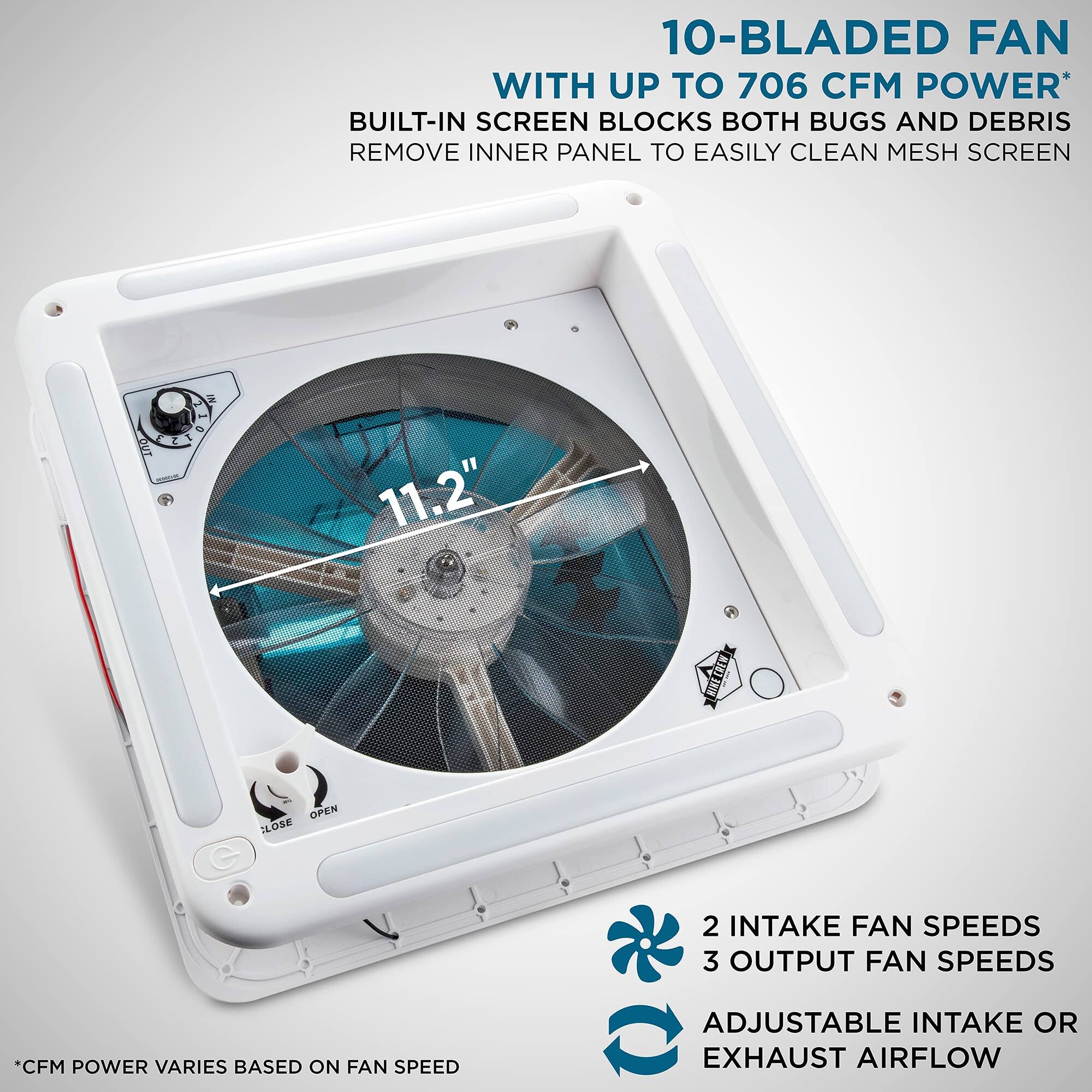10-BLADED FAN WITH UP TO 706 CFM POWER* BUILT-IN SCREEN BLOCKS BOTH BUGS AND DEBRIS REMOVE INNER PANEL TO EASILY CLEAN MESH SCREEN PUT  Z 11.2" ORTEOEN OFEN SLOSE 2 INTAKE FAN SPEEDS 3 OUTPUT FAN SPEEDS *CFM POWER VARIES BASED ON FAN SPEED ADJUSTABLE INTAKE OR EXHAUST AIRFLOW