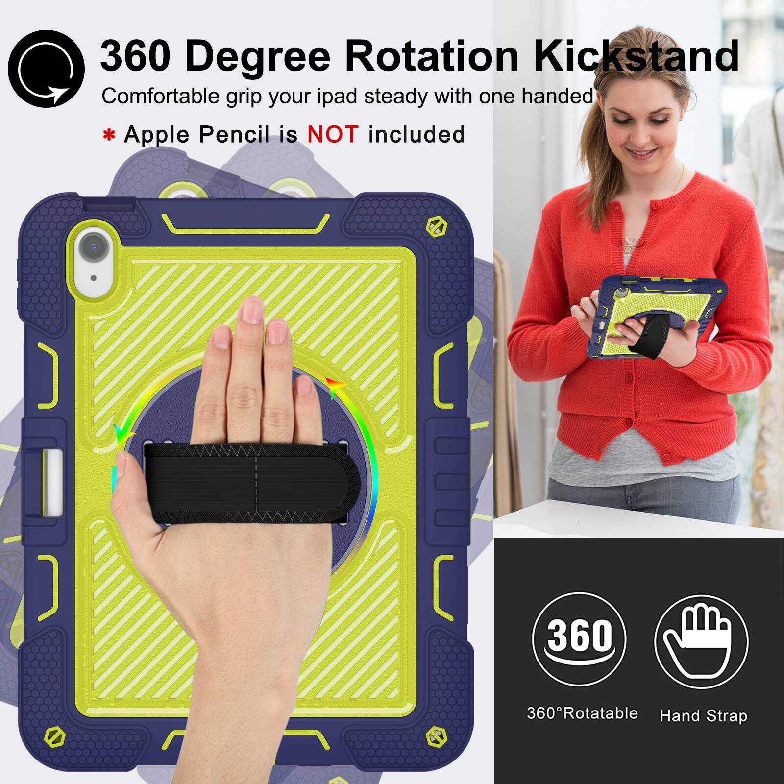 360 Degree Rotation Kickstand  
Comfortable grip your iPad steady with one handed  
* Apple Pencil is NOT included  

360° Rotatable  
Hand Strap