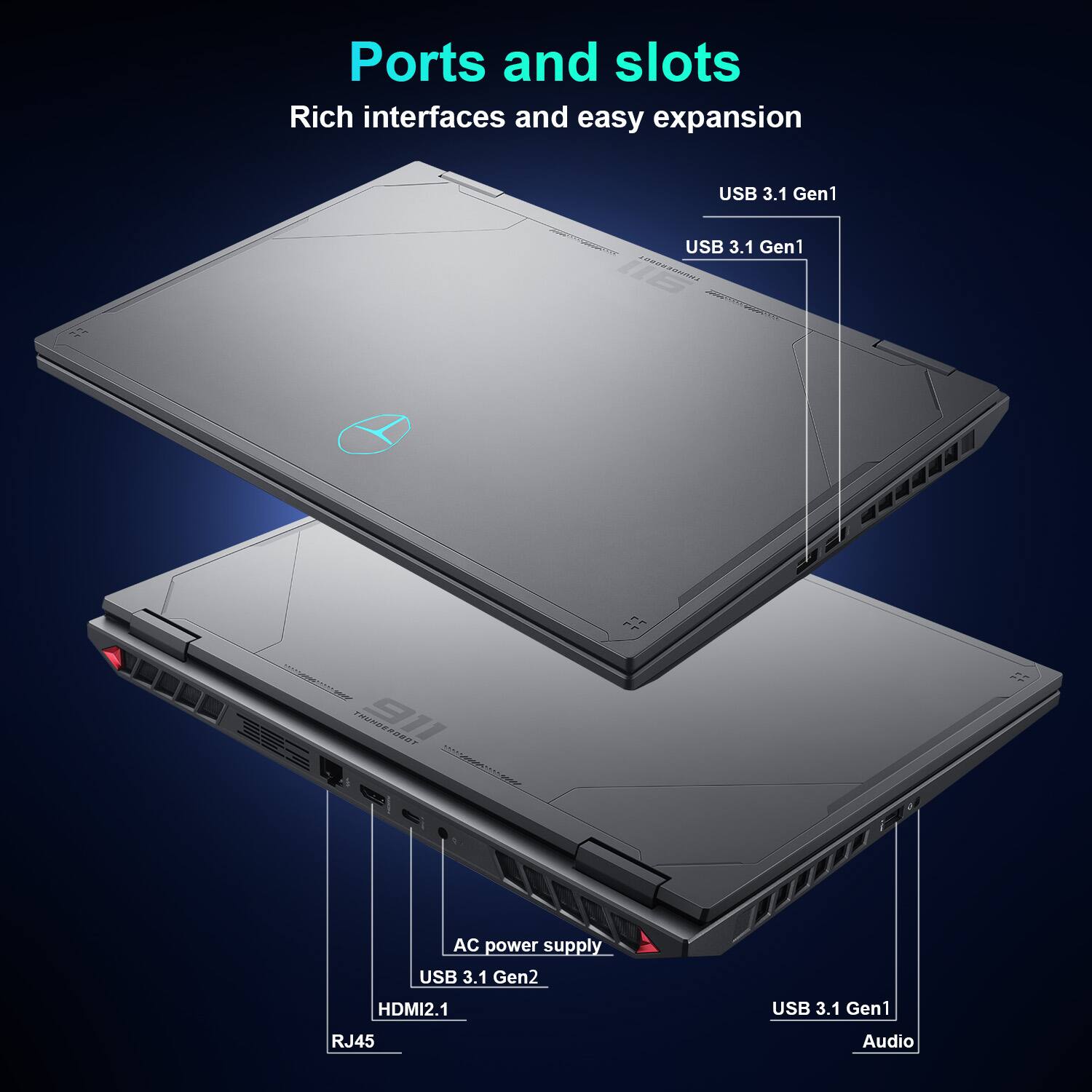 Ports and slots  
Rich interfaces and easy expansion  

USB 3.1 Gen1  
USB 3.1 Gen1  
USB 3.1 Gen2  
HDMI2.1  
RJ45  
AC power supply  
USB 3.1 Gen1  
Audio