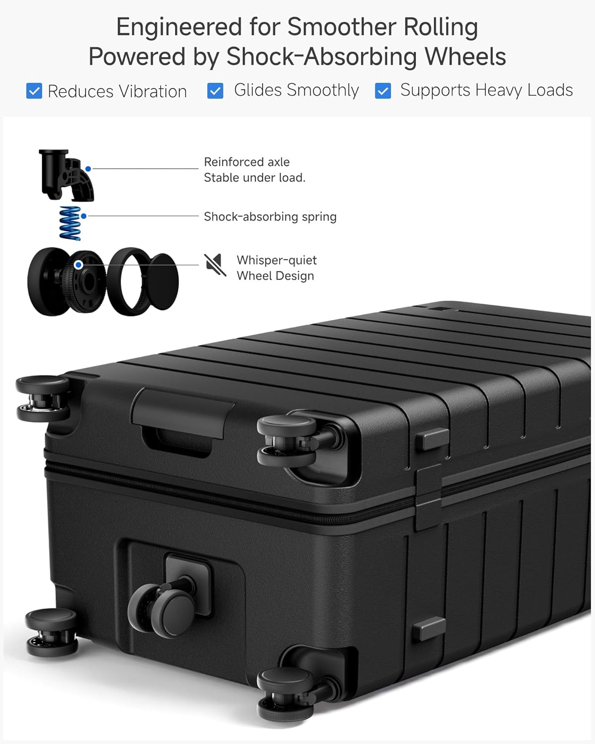 Engineered for Smoother Rolling  
Powered by Shock-Absorbing Wheels

- Reduces Vibration
- Glides Smoothly
- Supports Heavy Loads

- Reinforced axle  
  Stable under load

- Shock-absorbing spring

- Whisper-quiet  
  Wheel Design