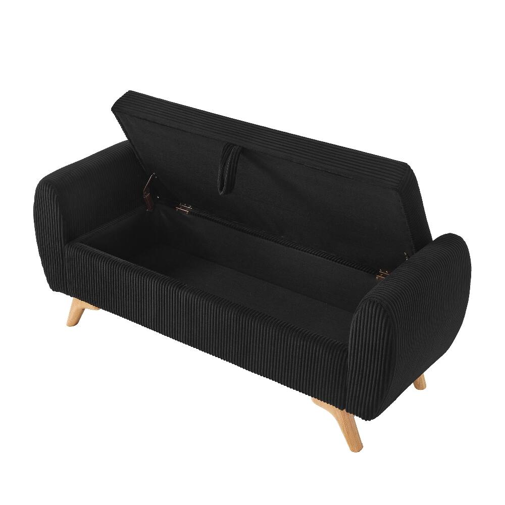 Alt View 8. Ropilly - Ropilly 57 Inch Black Corduroy Upholstered Storage Bench with Wood Legs, End of Bed Bench for Bedroom and Entryway - Black.