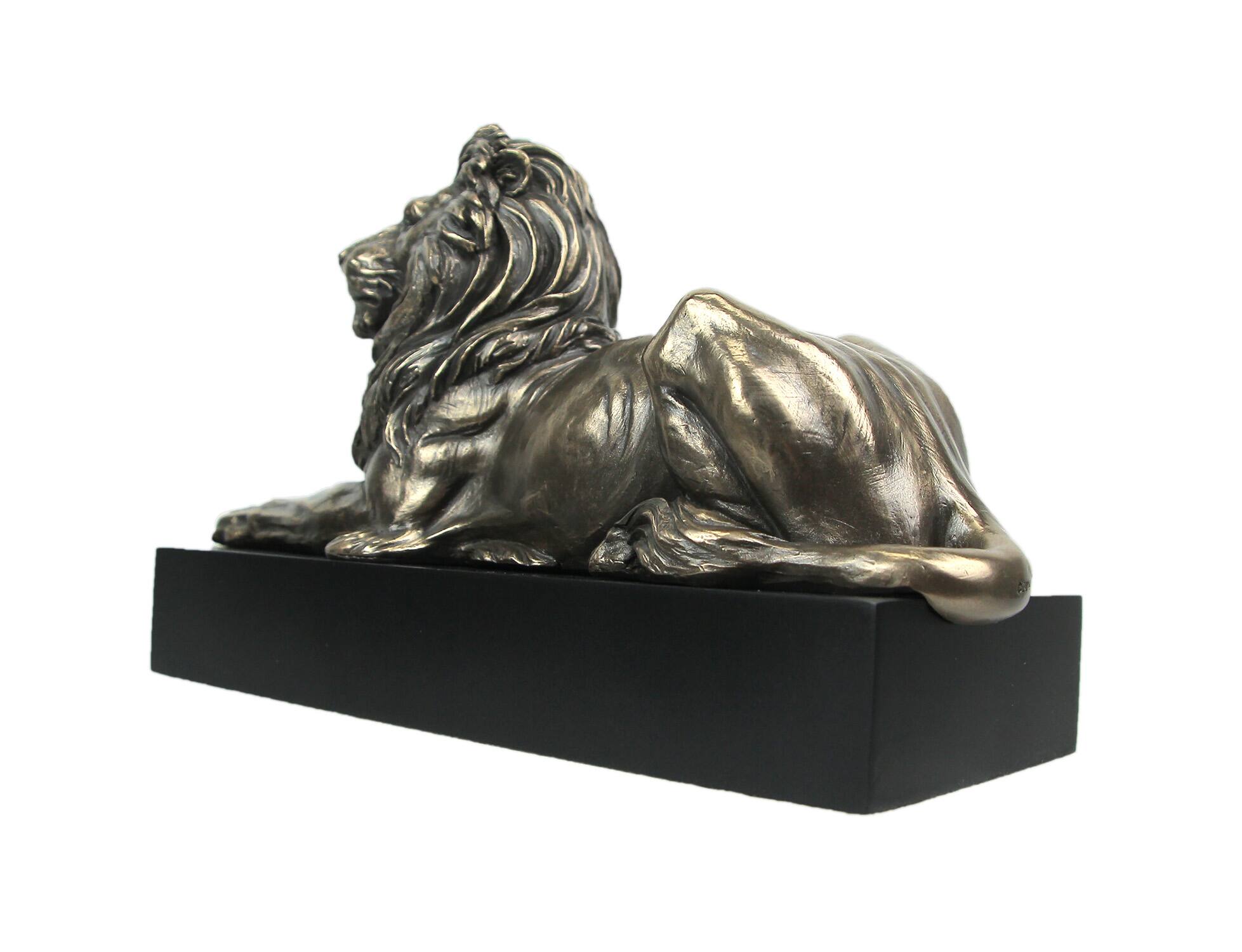 Alt View 2. Veronese Design - Metallic Bronze Finish Lion Lying on Plinth Tabletop Statue 8.75 Inches Long - Bronze.