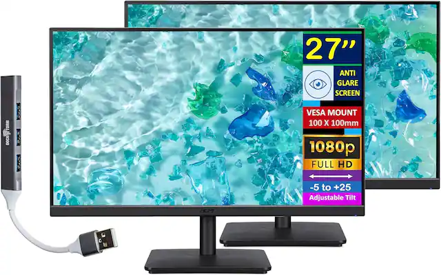 - 27" Anti Glare Screen
- VESA Mount 100 x 100mm
- 1080p Full HD
- -5 to +25 Adjustable Tilt
- Acer