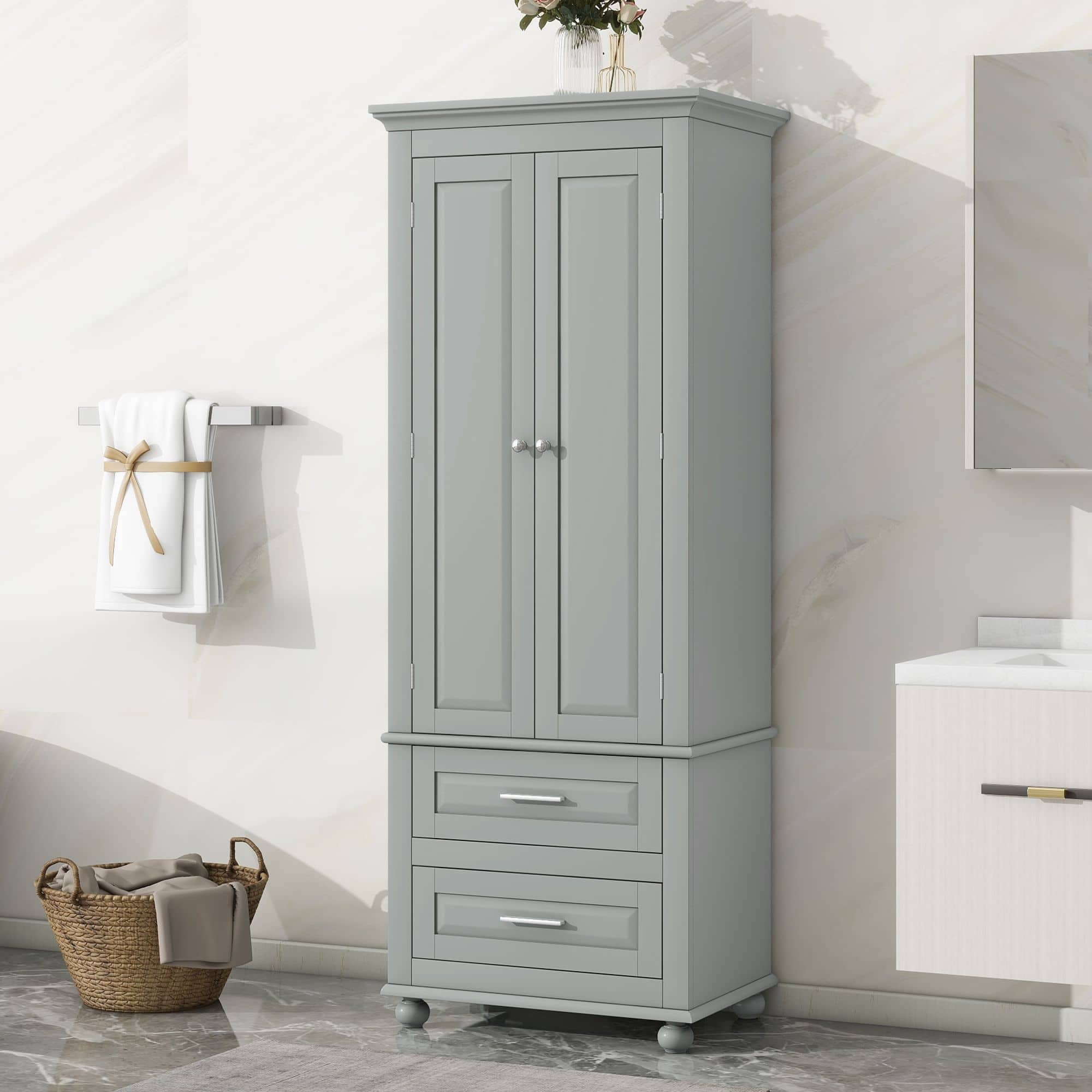 Mirfee - Tall Storage Cabinet with 2 Drawers for Bathroom or Office - Gray