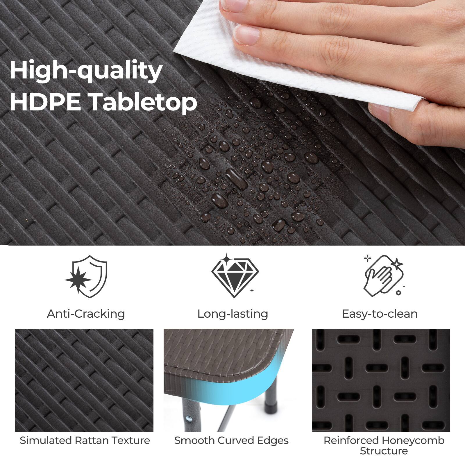 High-quality HDPE Tabletop

Anti-Cracking
Long-lasting
Easy-to-clean
Simulated Rattan Texture
Smooth Curved Edges
Reinforced Honeycomb Structure