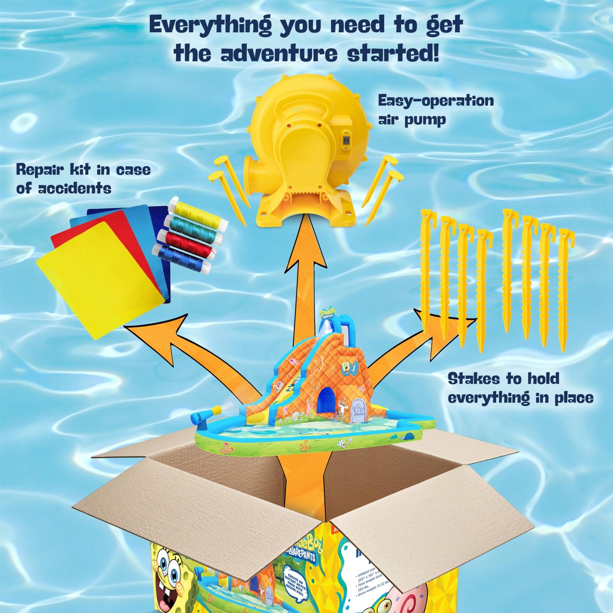 Everything you need to get the adventure started! Repair kit in case of accidents Easy-operation air pump Stakes to hold everything in place