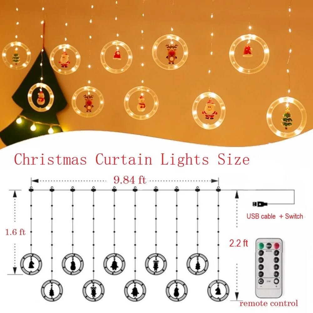 Christmas Curtain Lights Size

- 9.84 ft
- USB cable + Switch
- 1.6 ft
- 2.2 ft
- Remote control