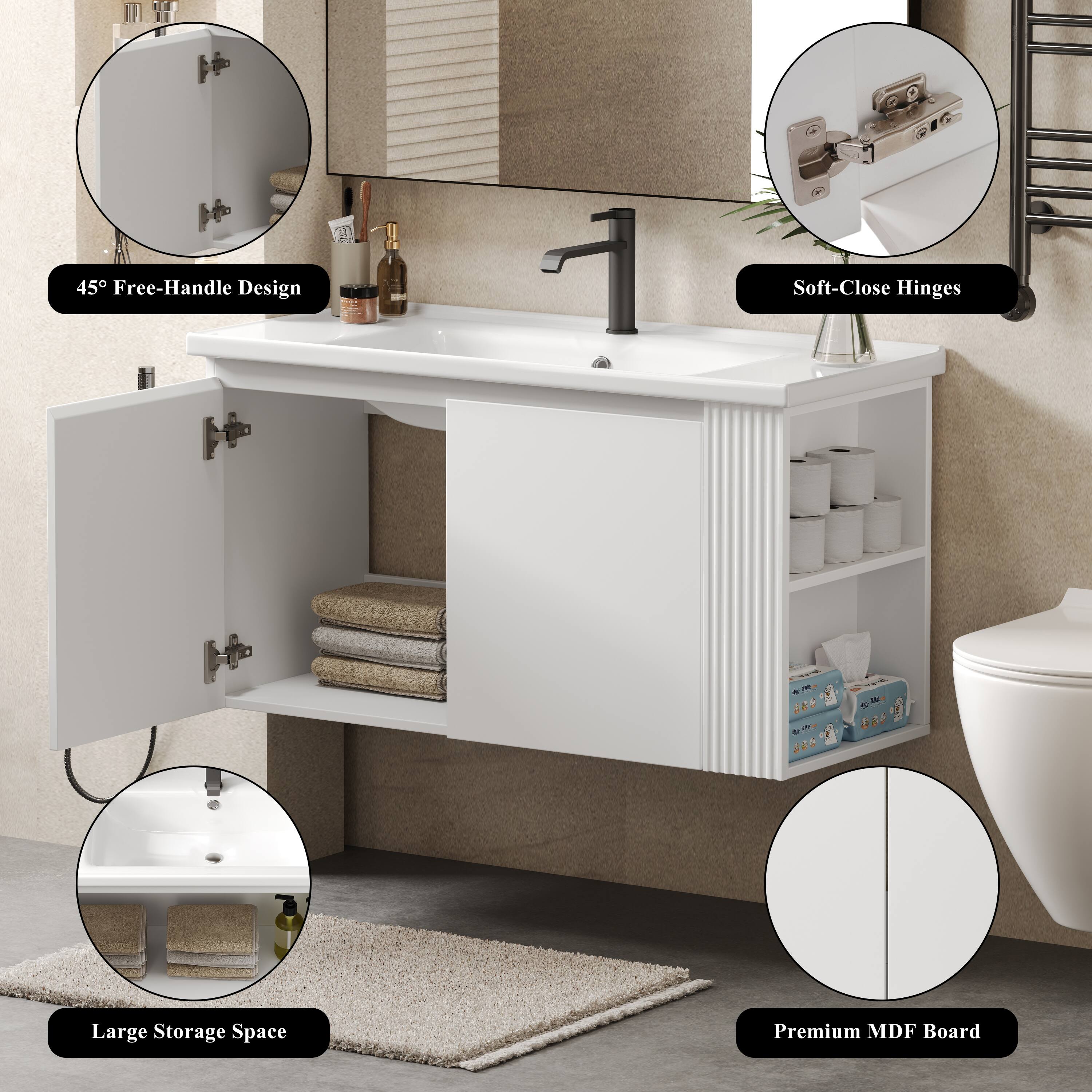 45° Free-Handle Design  
Soft-Close Hinges  
Large Storage Space  
Premium MDF Board