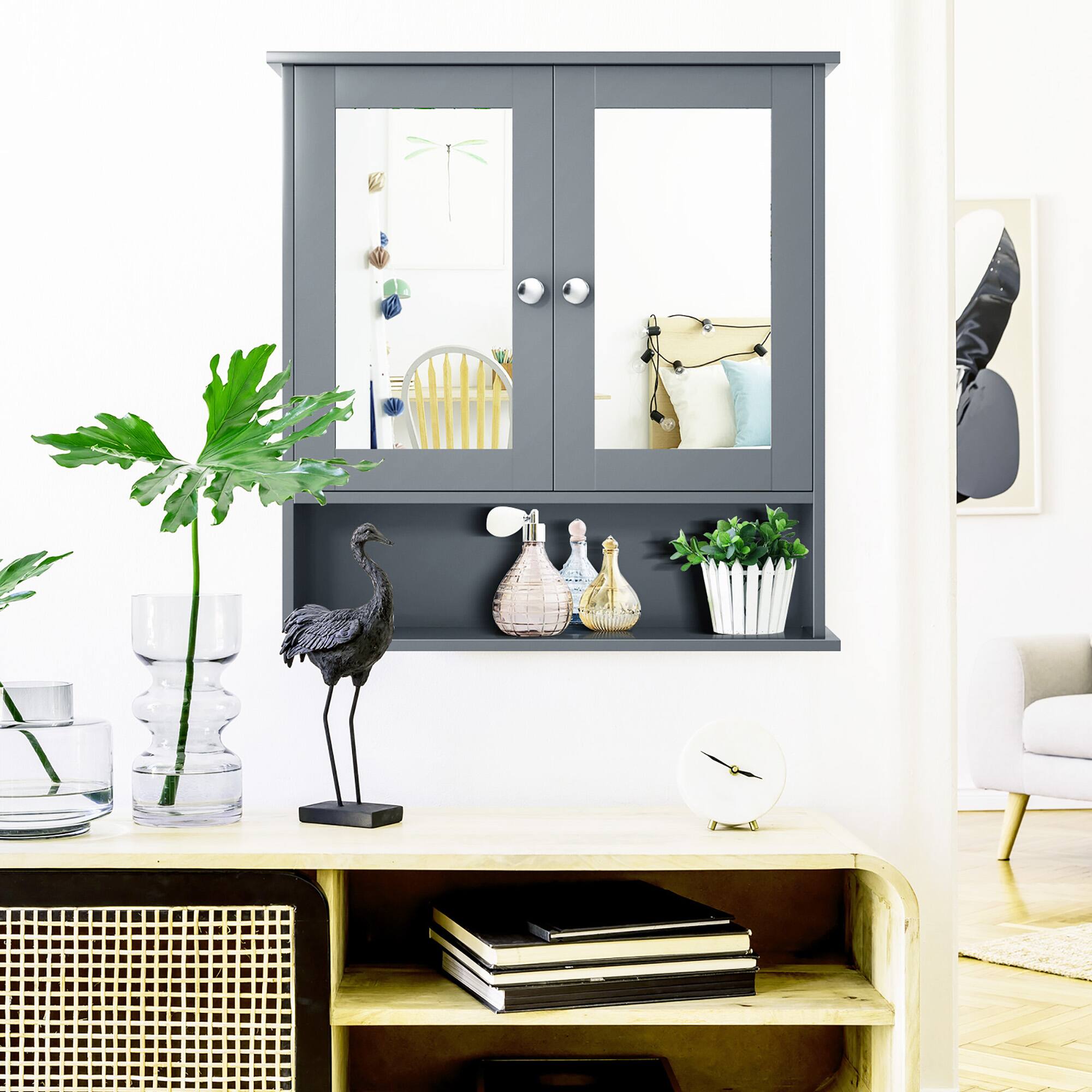 Alt View 4. Costway - Costway Wall Mount Mirror Cabinet - Gray.