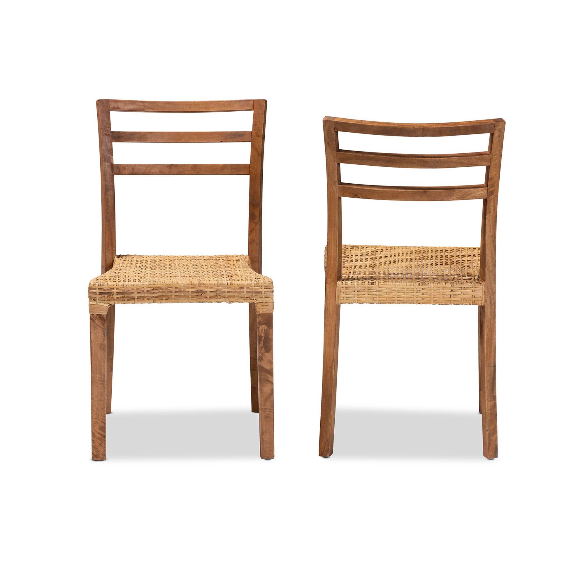 Angle. bali & pari - Arthur Mid-Century Modern Mahogany Wood and Natural Rattan 2-Piece Dining Chair Set - Natural Brown/Walnut Brown.