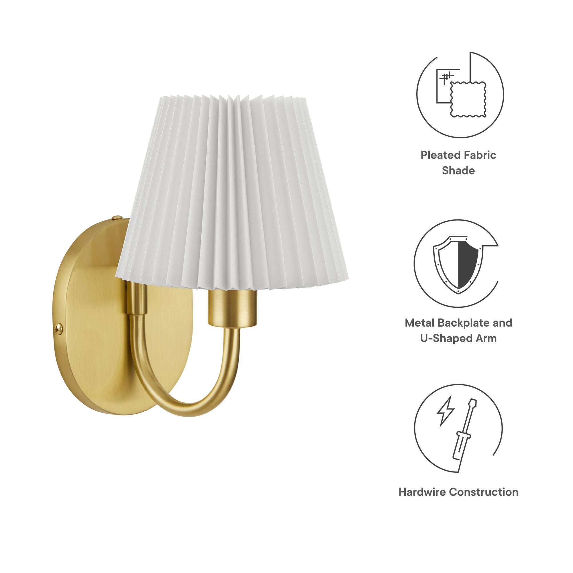 - Pleated Fabric Shade
- Metal Backplate and U-Shaped Arm
- Hardwire Construction