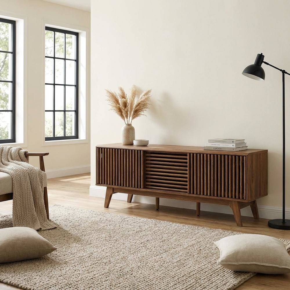 Left. FurniFact - Brown wood TV stand with sleek design and versatile storage solution - Brown.
