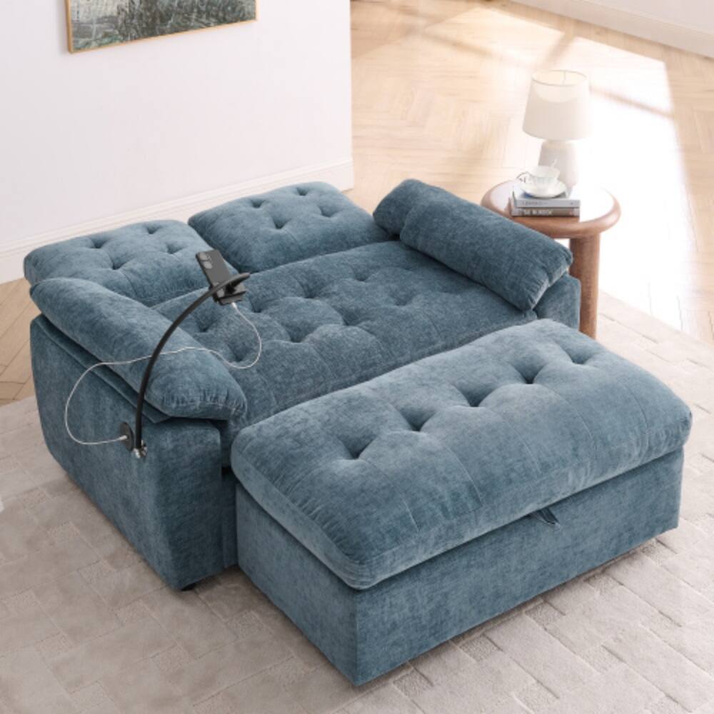 Angle. LUCKY ONE - Double Sofa Recliner with Manual Adjustable Backrest,USB Port,Phone Stand and Storage Ottoman - Blue.