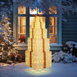 Winado - Christmas Gift Present Boxes Tower 6FT with LED Lights Pre-lit, Pull Up for Indoor Outdoor Holiday Party Decorations - Beige