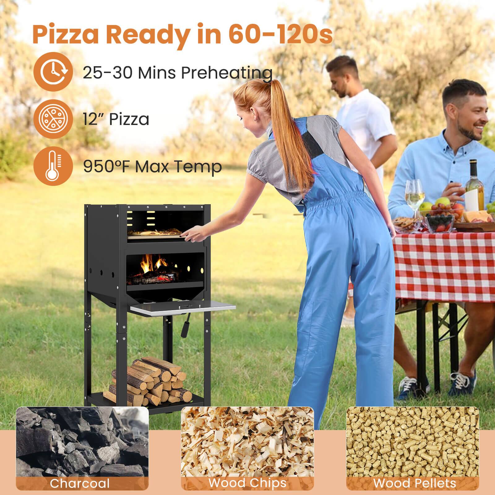 Pizza Ready in 60-120s

- 25-30 Mins Preheating
- 12" Pizza
- 950°F Max Temp

Charcoal  
Wood Chips  
Wood Pellets