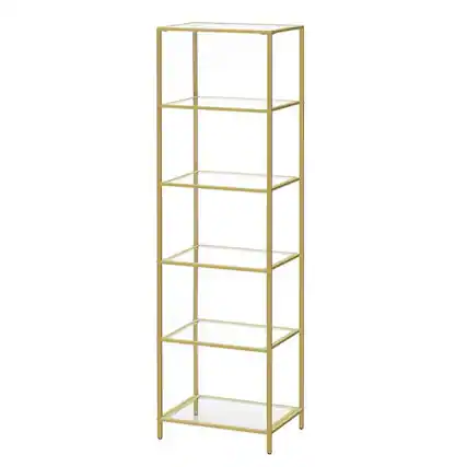 Front. SlickBlue - Narrow Glass Shelf Bookcase for Bedroom, Living Room, Office, or Bathroom - Gold.