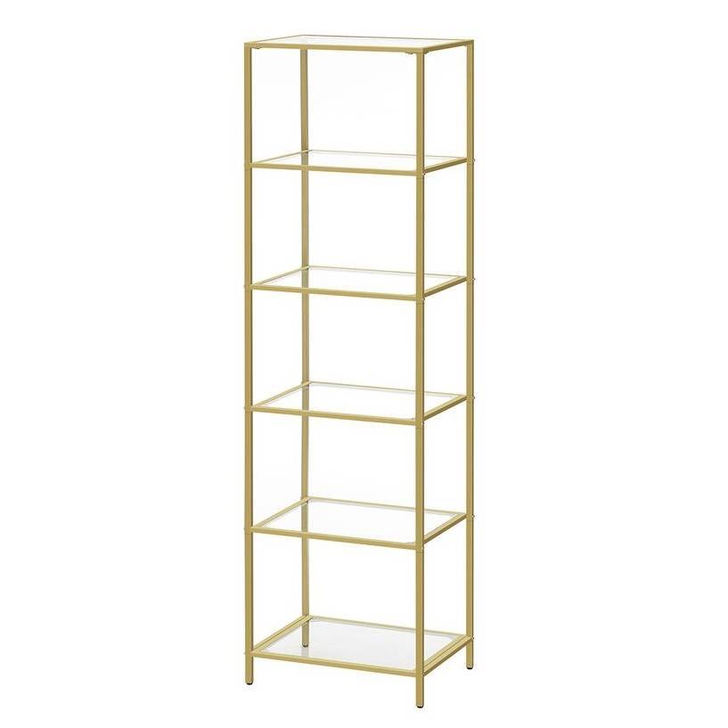 Front. SlickBlue - Narrow Glass Shelf Bookcase for Bedroom, Living Room, Office, or Bathroom - Gold.
