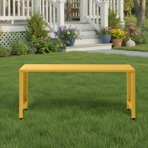Alt View 4. Winado - 40in Metal Bench Backless Patio Bench with Slatted Seat, Floral Side Panels for Outdoor Garden Seating Entryway Backyard - Yellow.
