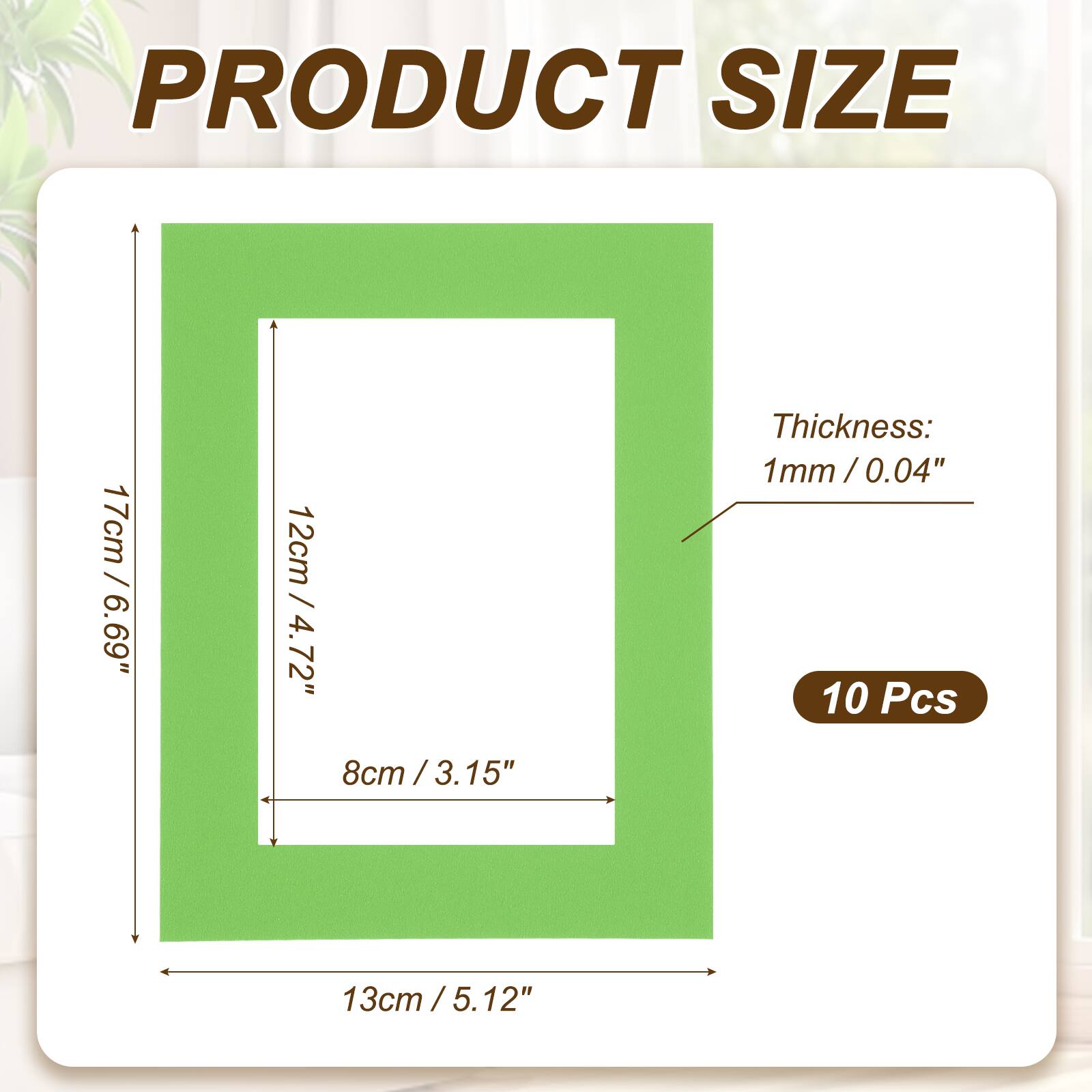 PRODUCT SIZE

17cm / 6.69"  
12cm / 4.72"  
8cm / 3.15"  
Thickness: 1mm / 0.04"  
10 Pcs  
13cm / 5.12"