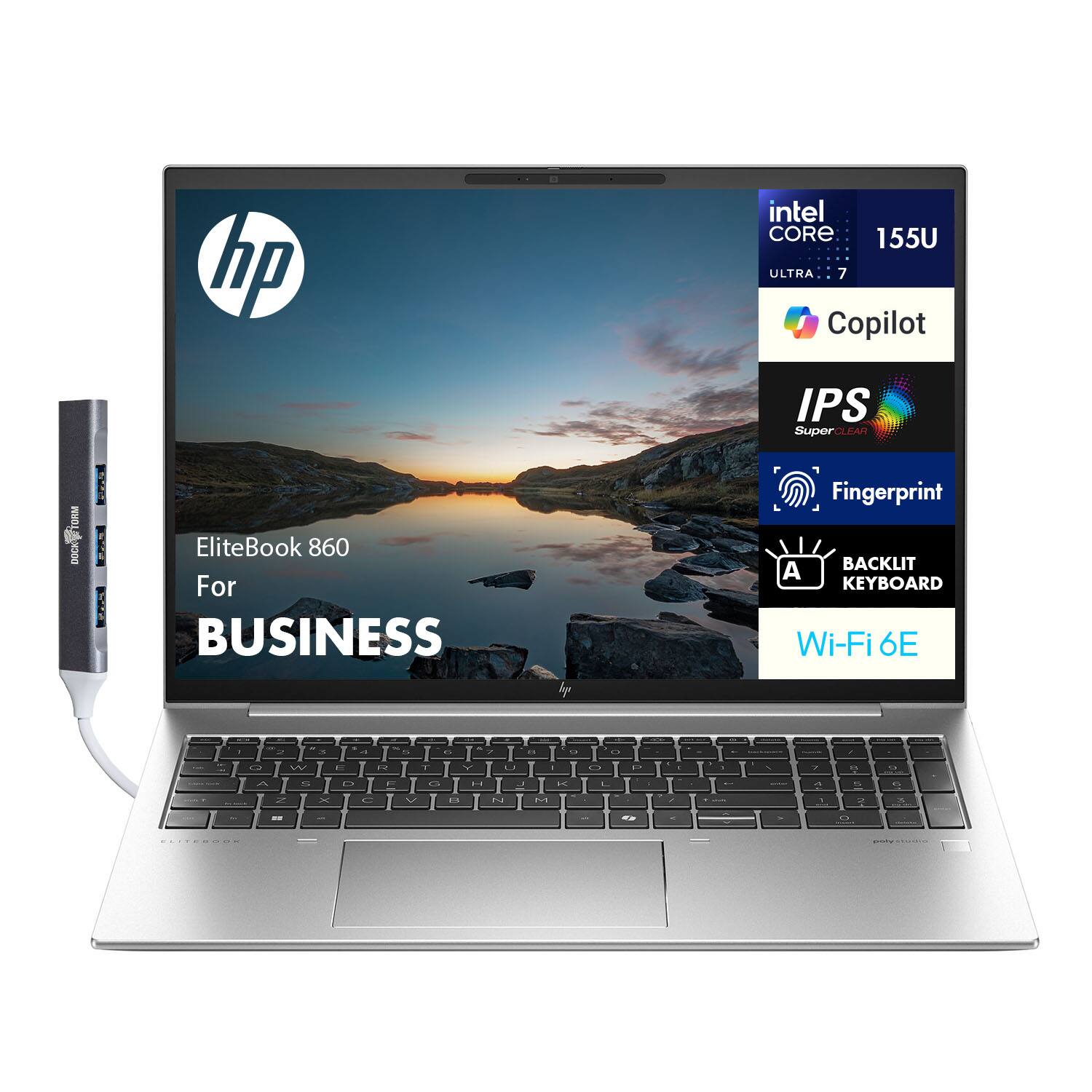 HP - EliteBook 860 Laptop 16.0 WUXGA (Intel Ultra 7 155U, 64GB DDR5, 2TB PCIe SSD, Win 11 Pro) w/USB Hub - Pike Silver