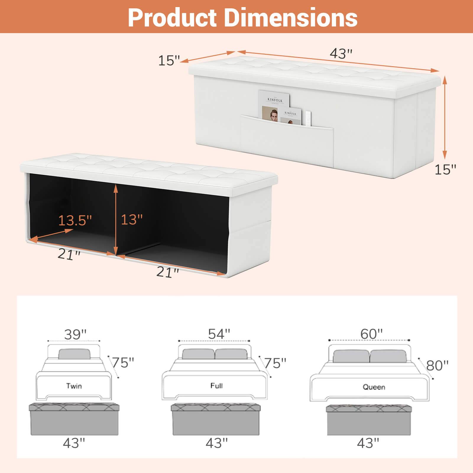 Product Dimensions

- 15" x 43" x 15"
- 13.5" x 13" x 21" x 21"
- Twin: 39" x 75" x 43"
- Full: 54" x 75" x 43"
- Queen: 60" x 80" x 43"