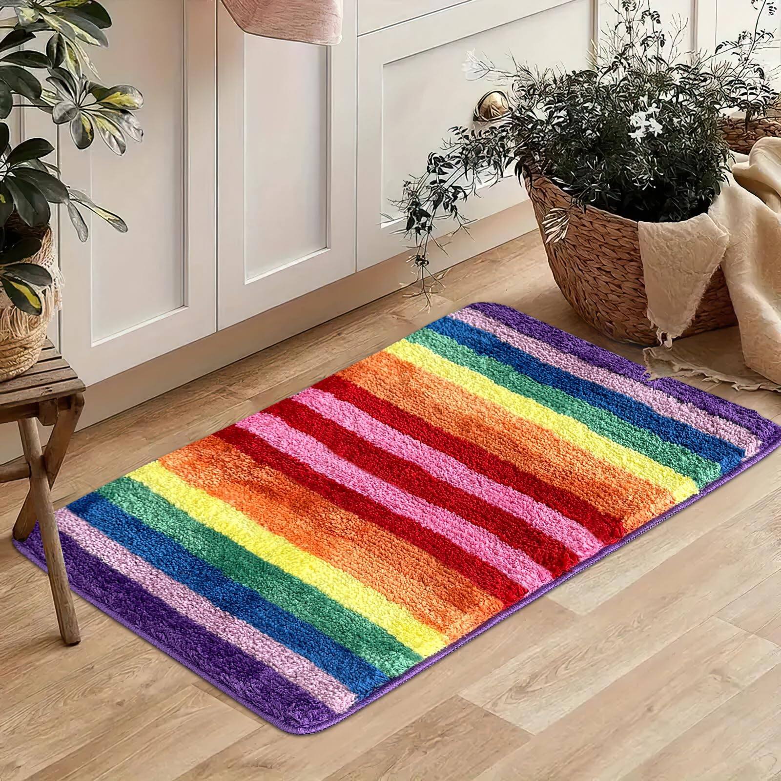 Alt View 7. Paradigms Interiors - Rainbow Bath Mat Cute Bathroom Colorful Rugs Washable Soft Non-slip Shower Shag Fluffy Thick Water Absorbent Microfiber - Colored 1.