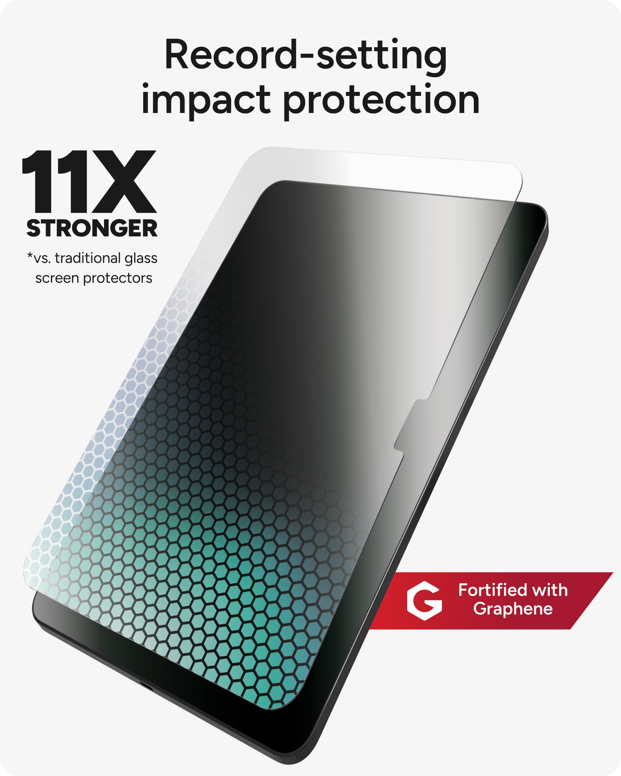 Record-setting impact protection 11X stronger than traditional glass screen protectors. Fortified with G Graphene.