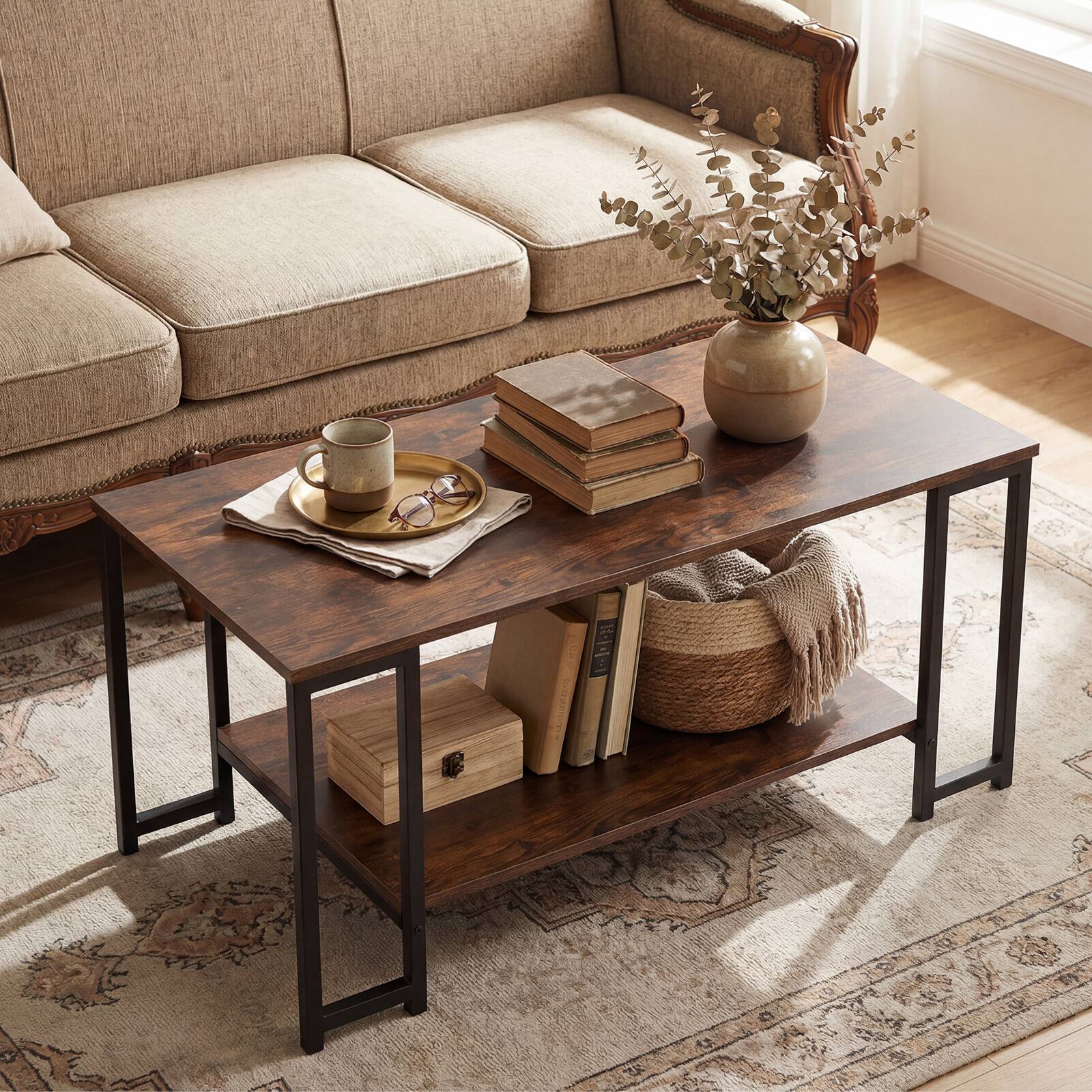 Alt View 1. Costway - Costway 2-Tier Coffee Table, Modern Accent Table with Open Storage Shelf, Center Table - Rustic Brown.