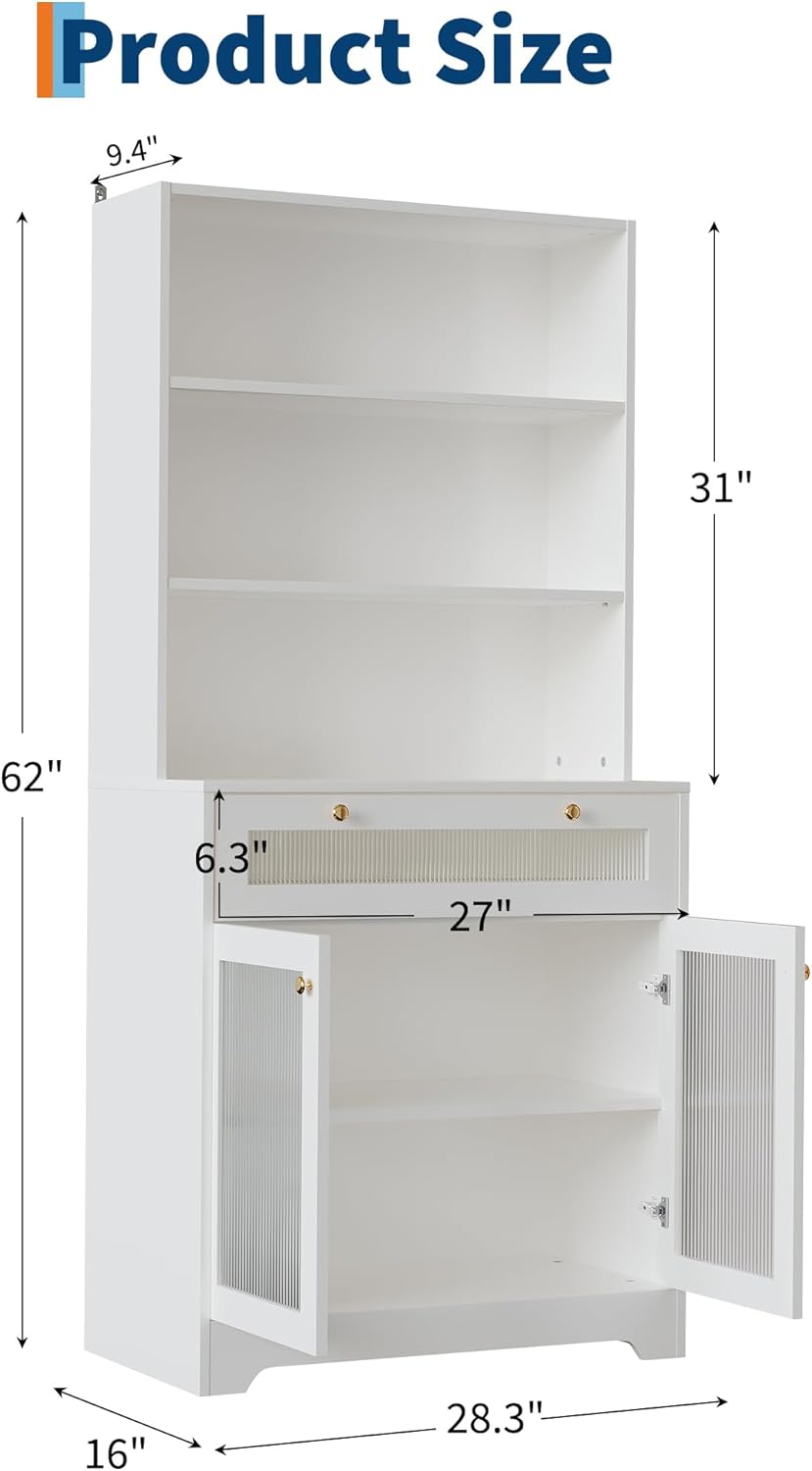Product Size

- Height: 62"
- Width: 28.3"
- Depth: 16"
- Shelf Height: 9.4"
- Drawer Height: 6.3"
- Drawer Width: 27"
- Door Height: 31"