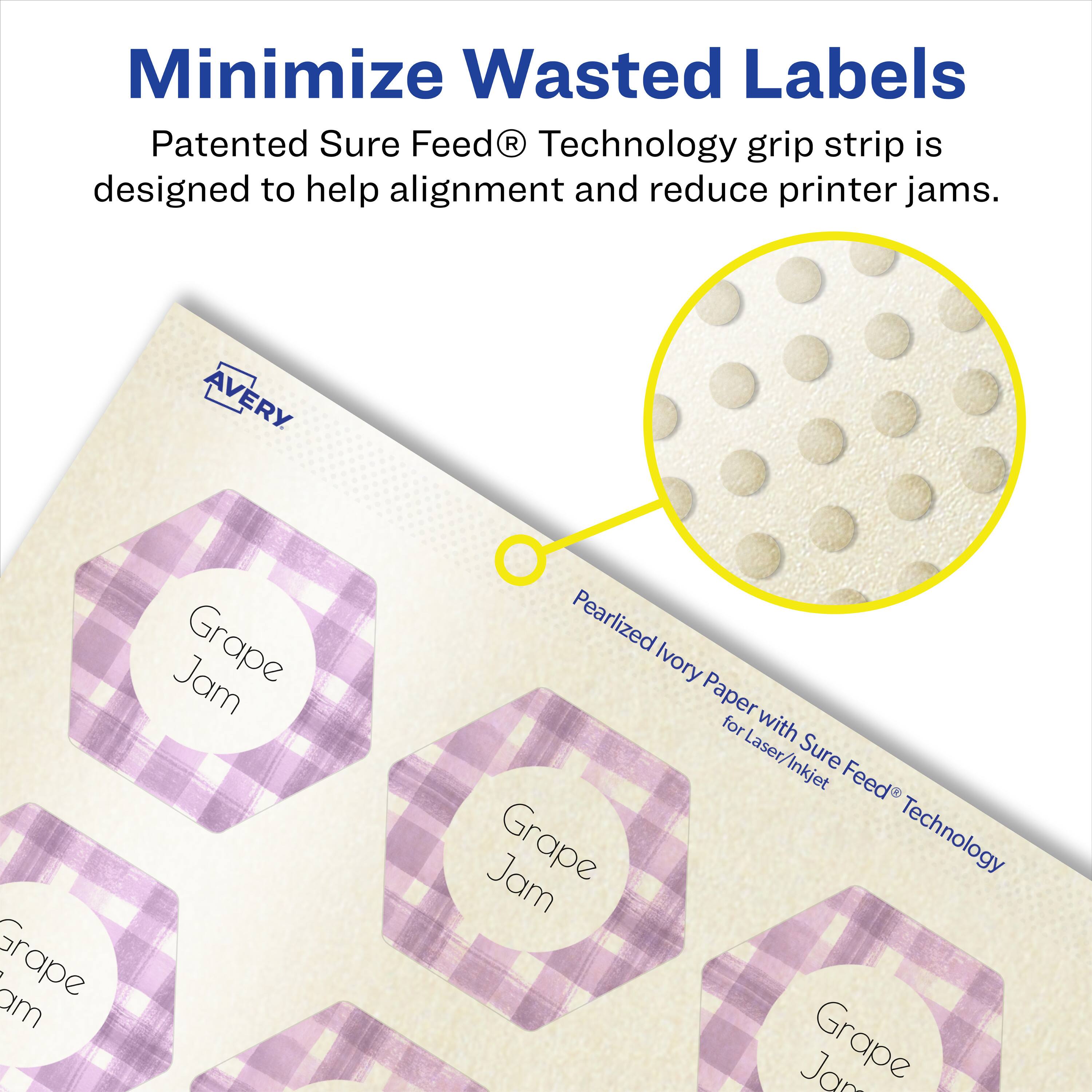 Minimize Wasted Labels

Patented Sure Feed® Technology grip strip is designed to help alignment and reduce printer jams.

AVERY Grape Jam Pearlized Ivory Paper for Laser/Inkjet with Sure Feed® Technology
