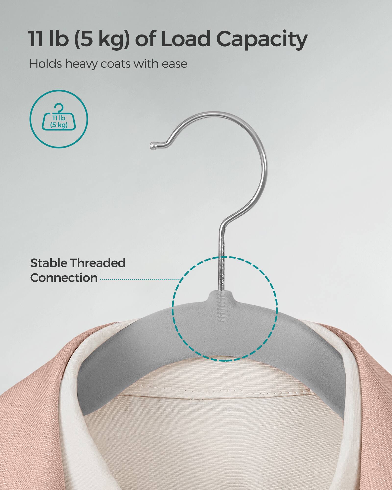 11 lb (5 kg) of Load Capacity  
Holds heavy coats with ease  

2. 11 lb (5 kg)  

Stable Threaded Connection