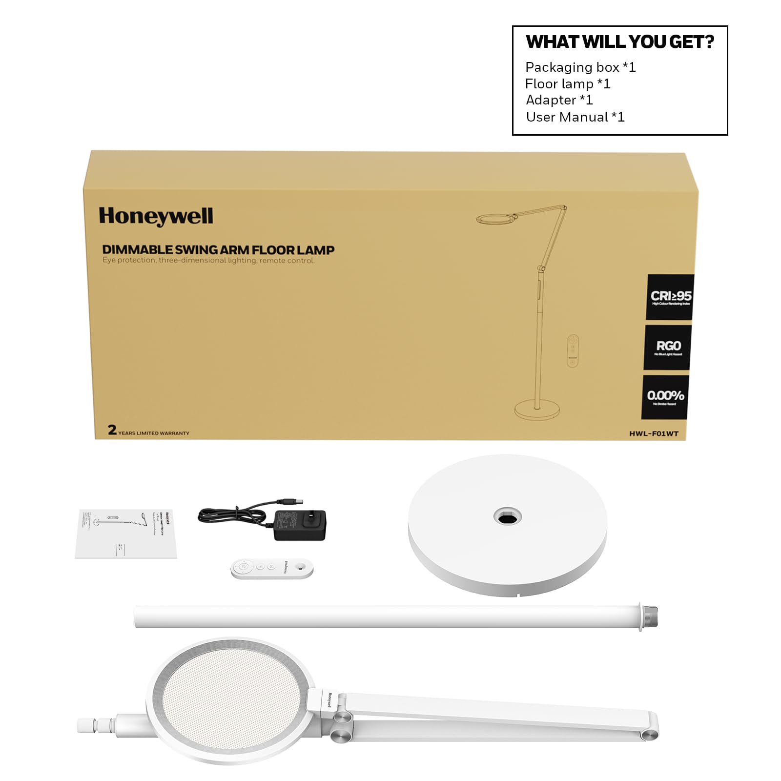 WHAT WILL YOU GET?

- Packaging box *1
- Floor lamp *1
- Adapter *1
- User Manual *1

Honeywell DIMMABLE SWING ARM FLOOR LAMP

Eye protection, three-dimensional lighting, remote control.

CRI:95
RGO
0.00%
2 YEARS LIMITED WARRANTY

HWL-FO1WT