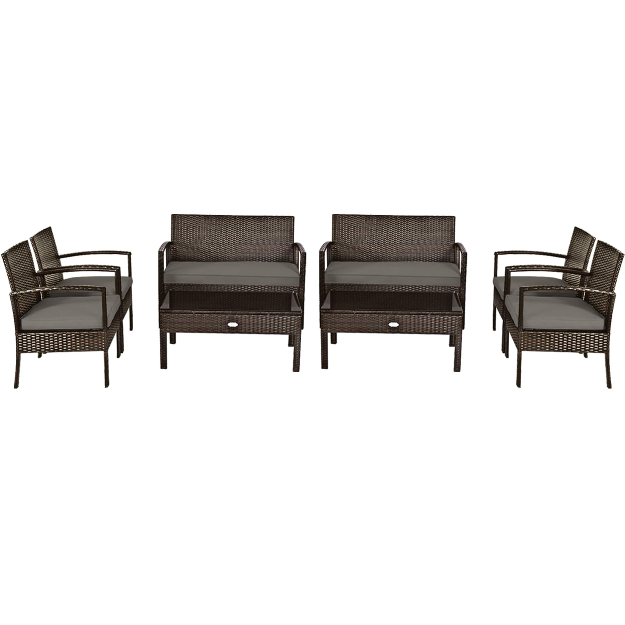 Costway - 8PCS Rattan Patio Conversation Set Outdoor Furniture Set Garden w/Cushion - Brown