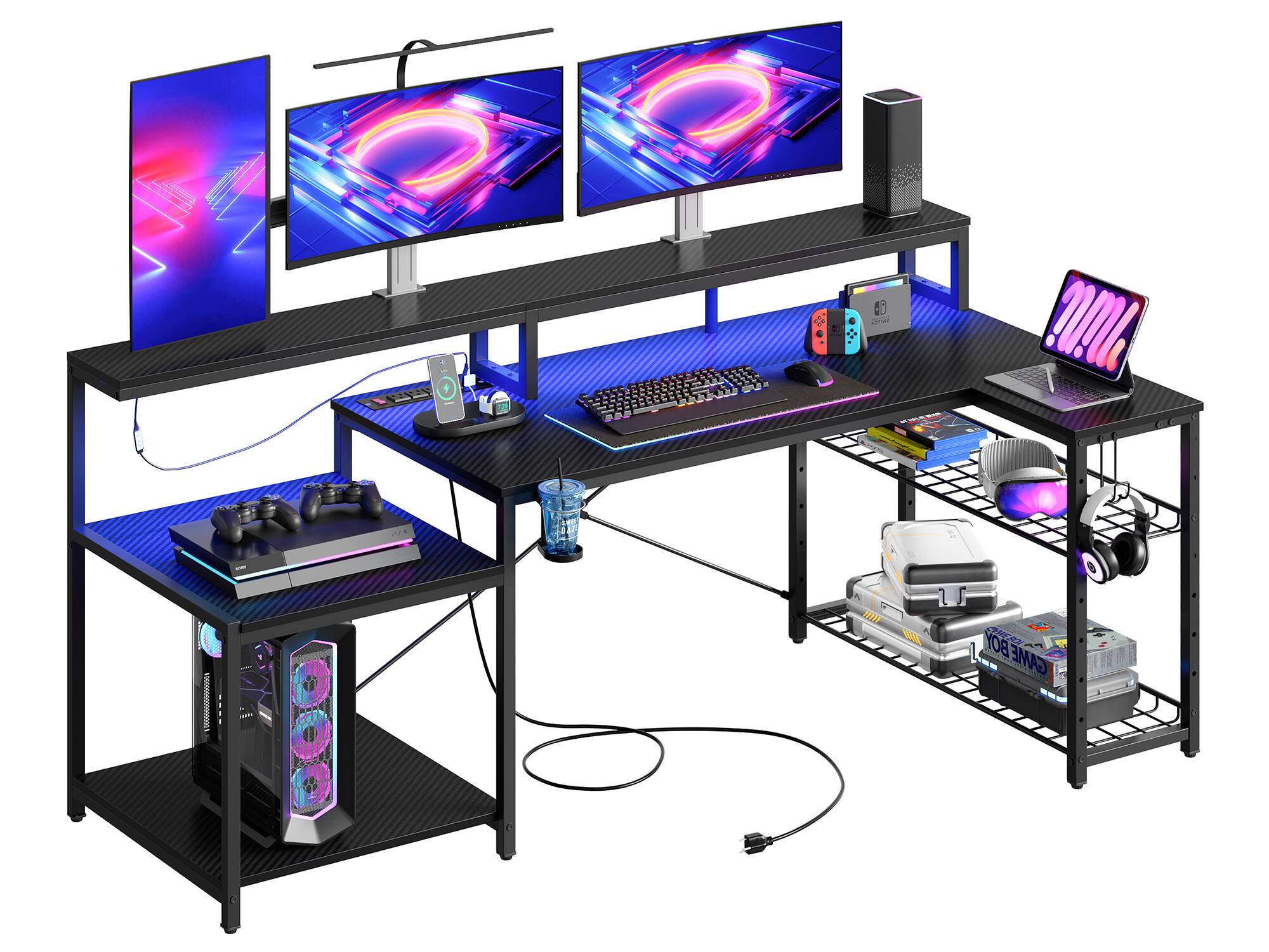 Bestier - 71.5inch L-Shaped Gaming Desk with Integrated LED Lighting and Power Outlet - Black